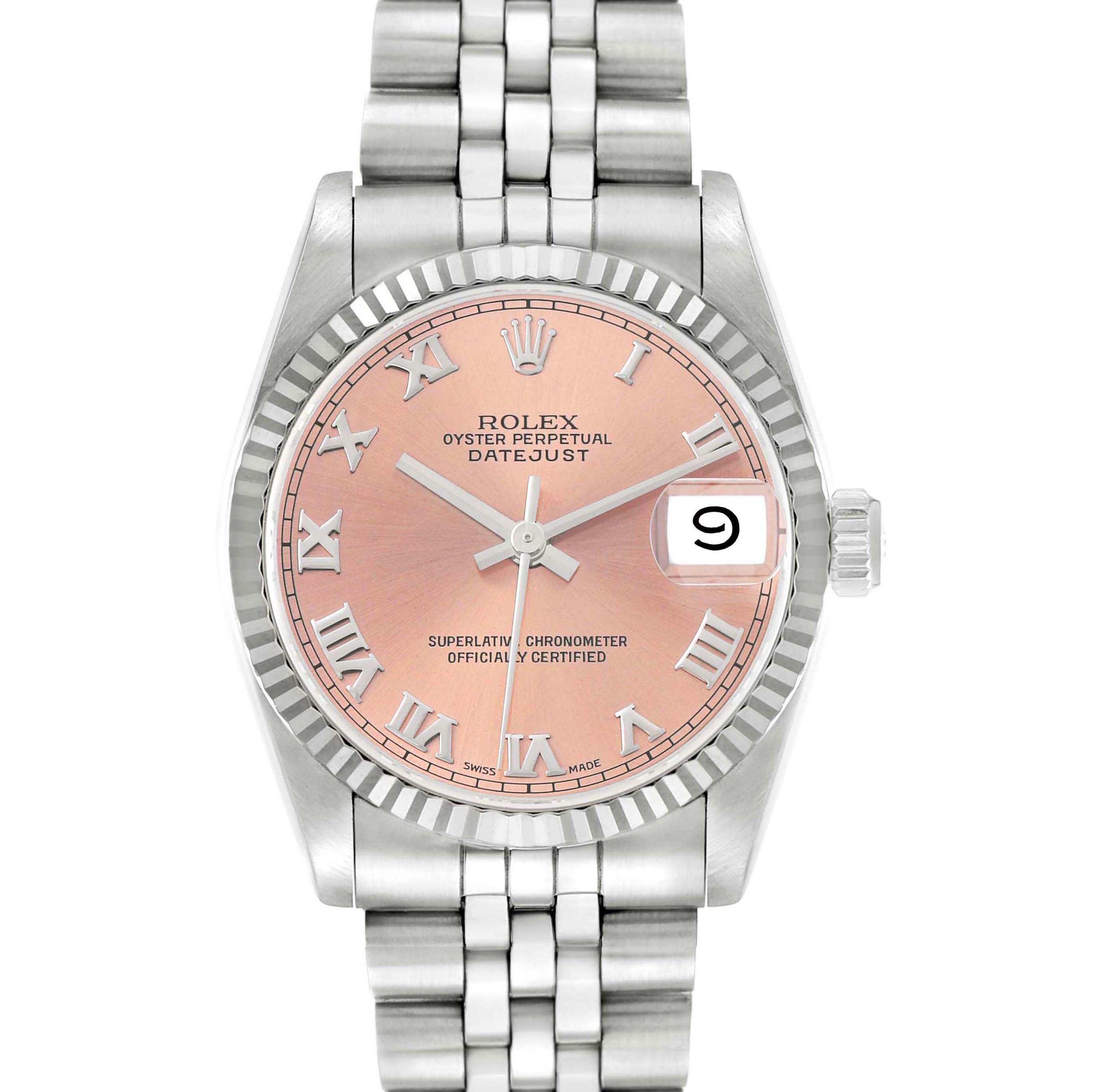 The Rolex Datejust Mid-Size model is shown from the front, displaying the pink dial, Roman numerals, fluted bezel, and Jubilee bracelet.