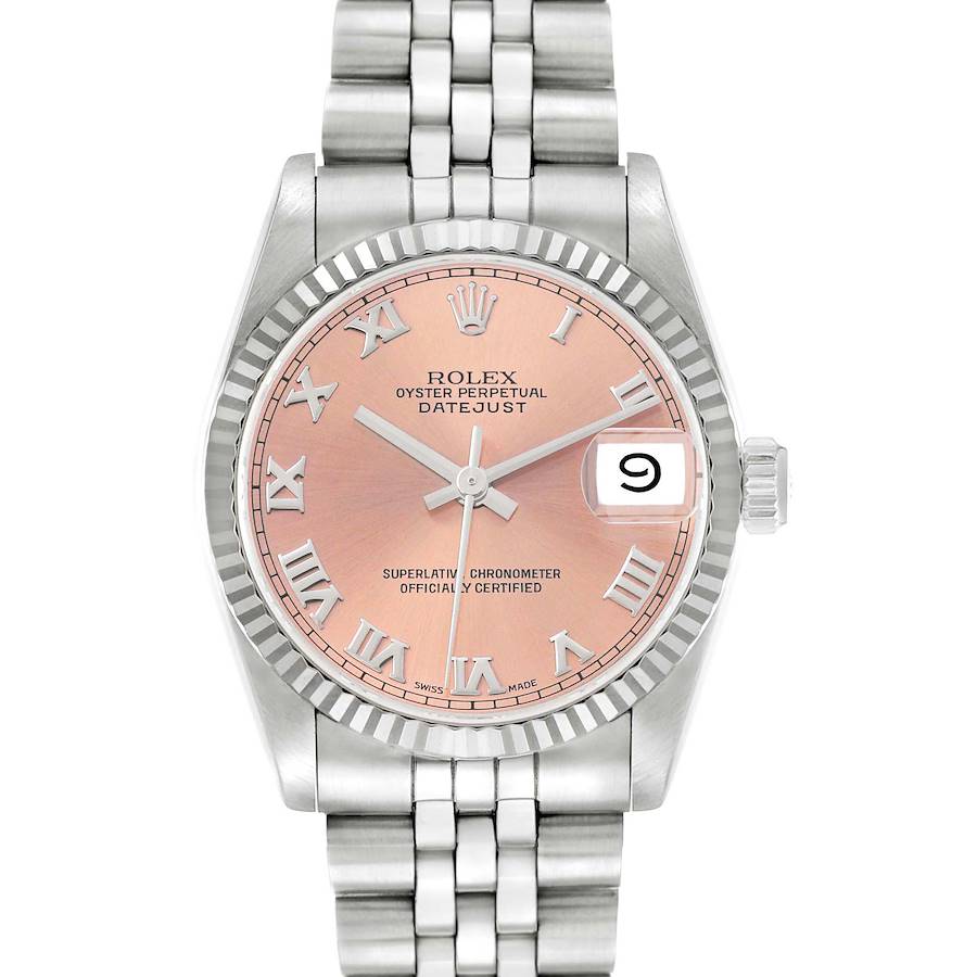 The Rolex Datejust Mid-Size model is shown from the front, displaying the pink dial, Roman numerals, fluted bezel, and Jubilee bracelet.