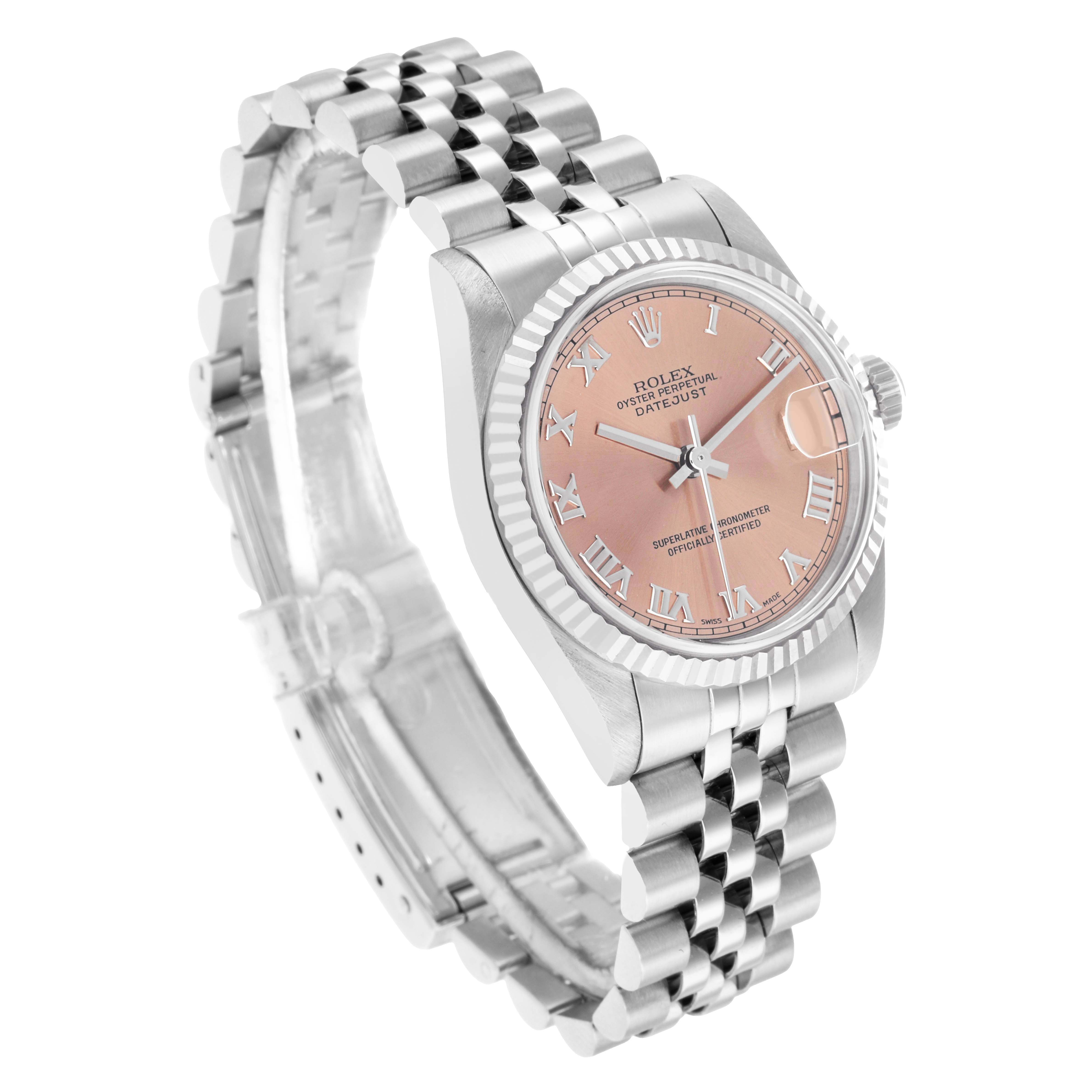 The Rolex Mid-Size 68274 Women's Stainless Steel Pink Dial watch is shown at a three-quarter angle, highlighting the face, bezel, and bracelet.