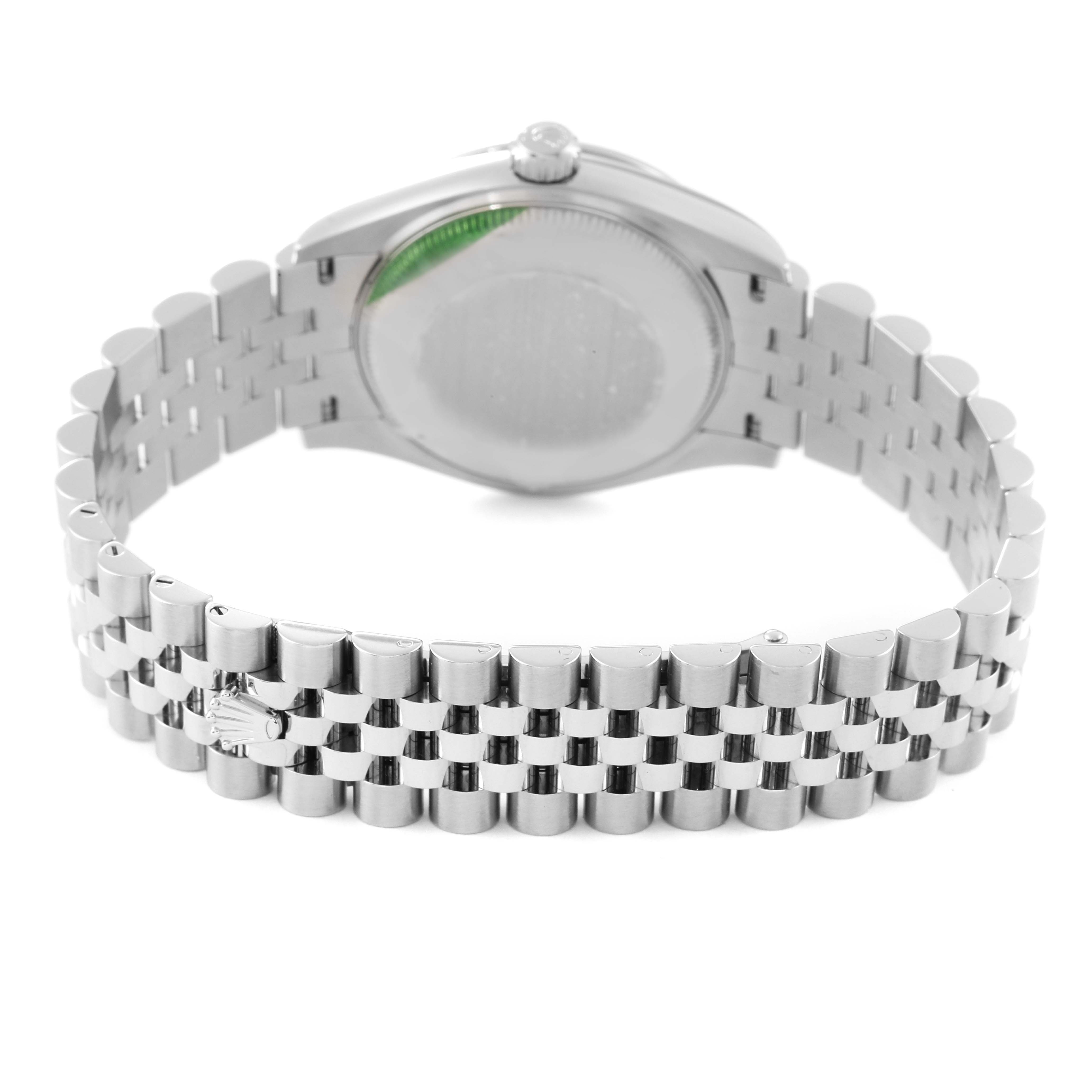 This image shows the backside and bracelet of a Mid-Size Rolex watch, highlighting the clasp and case.