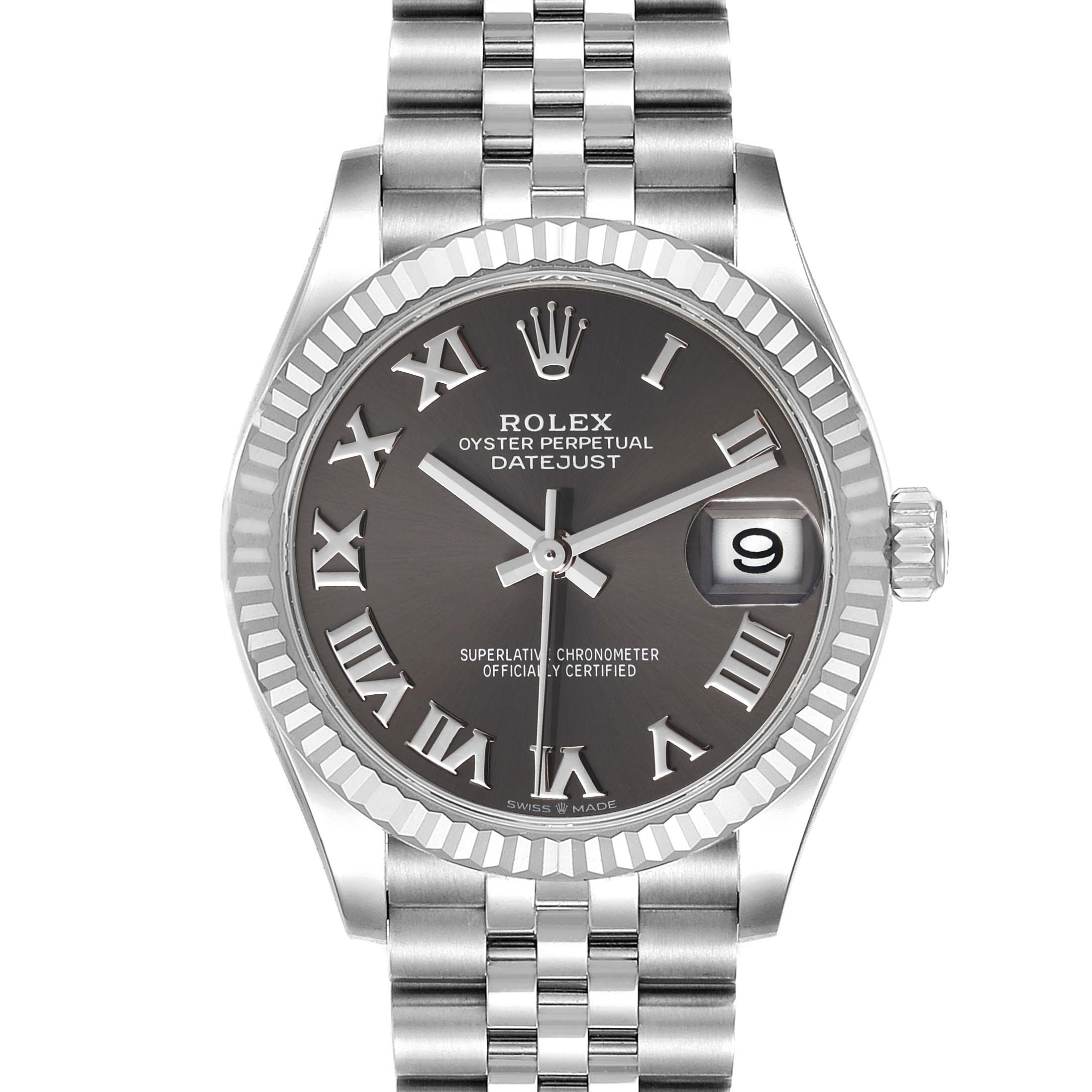 This image shows a front view of a Rolex Datejust Mid-Size watch, displaying its dial, bezel, and bracelet.