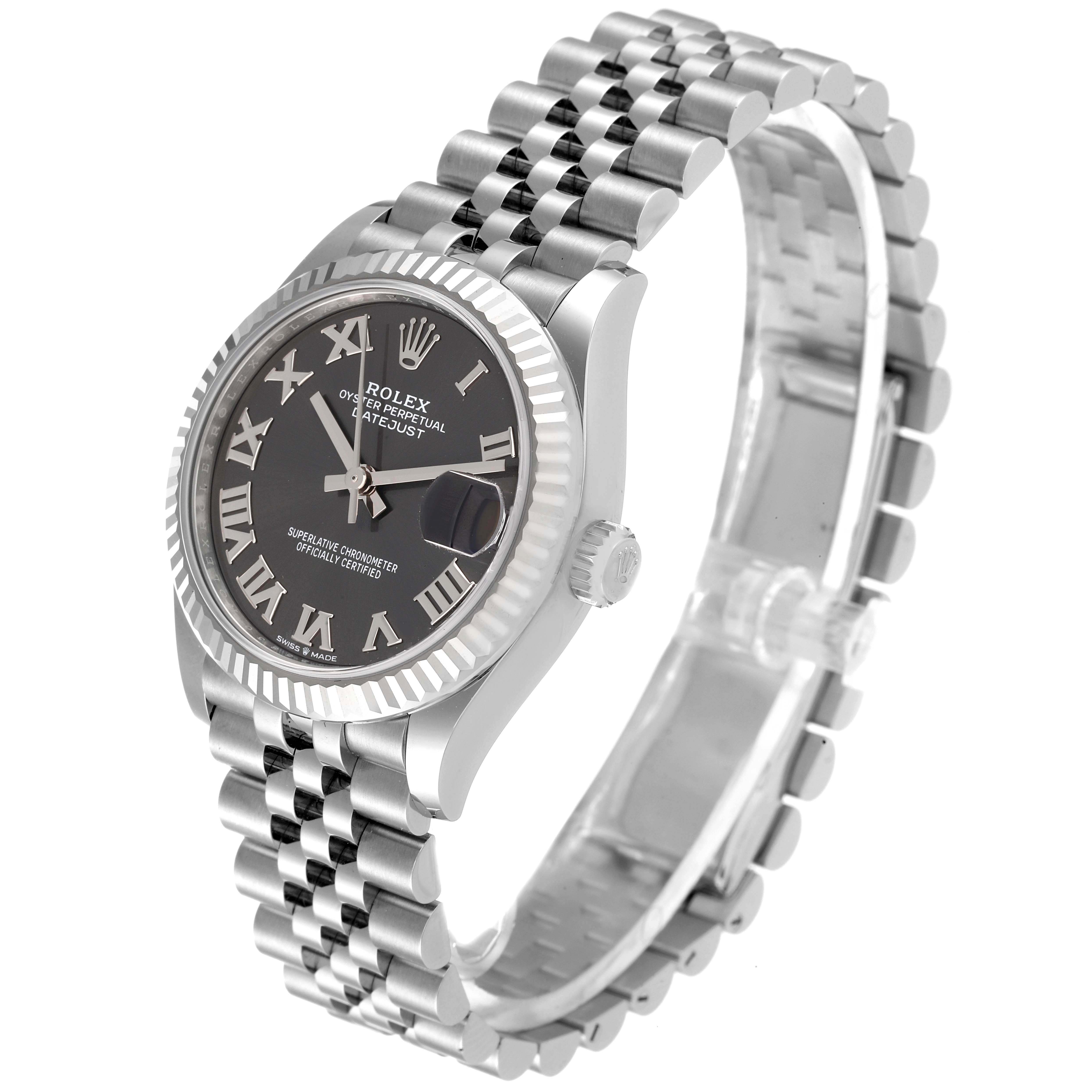 The Rolex Mid-Size 278274 Women's Stainless Steel Grey Dial 278274 Women's Stainless Steel Grey Dial watch is shown at a three-quarter angle, displaying the face, fluted bezel, and the jubilee bracelet.