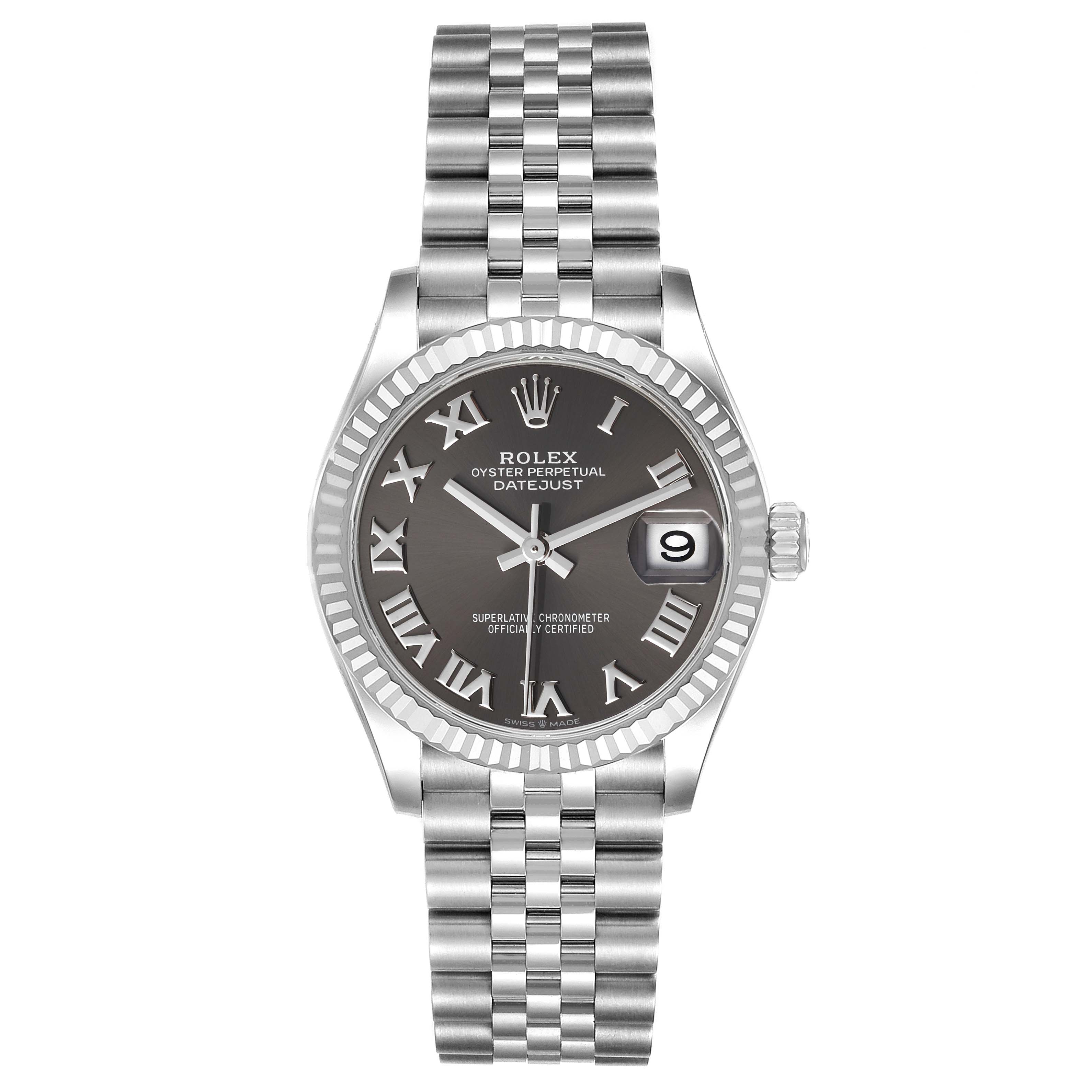 The image shows a front view of a Rolex Oyster Perpetual Datejust Mid-Size watch with a stainless steel case and bracelet.