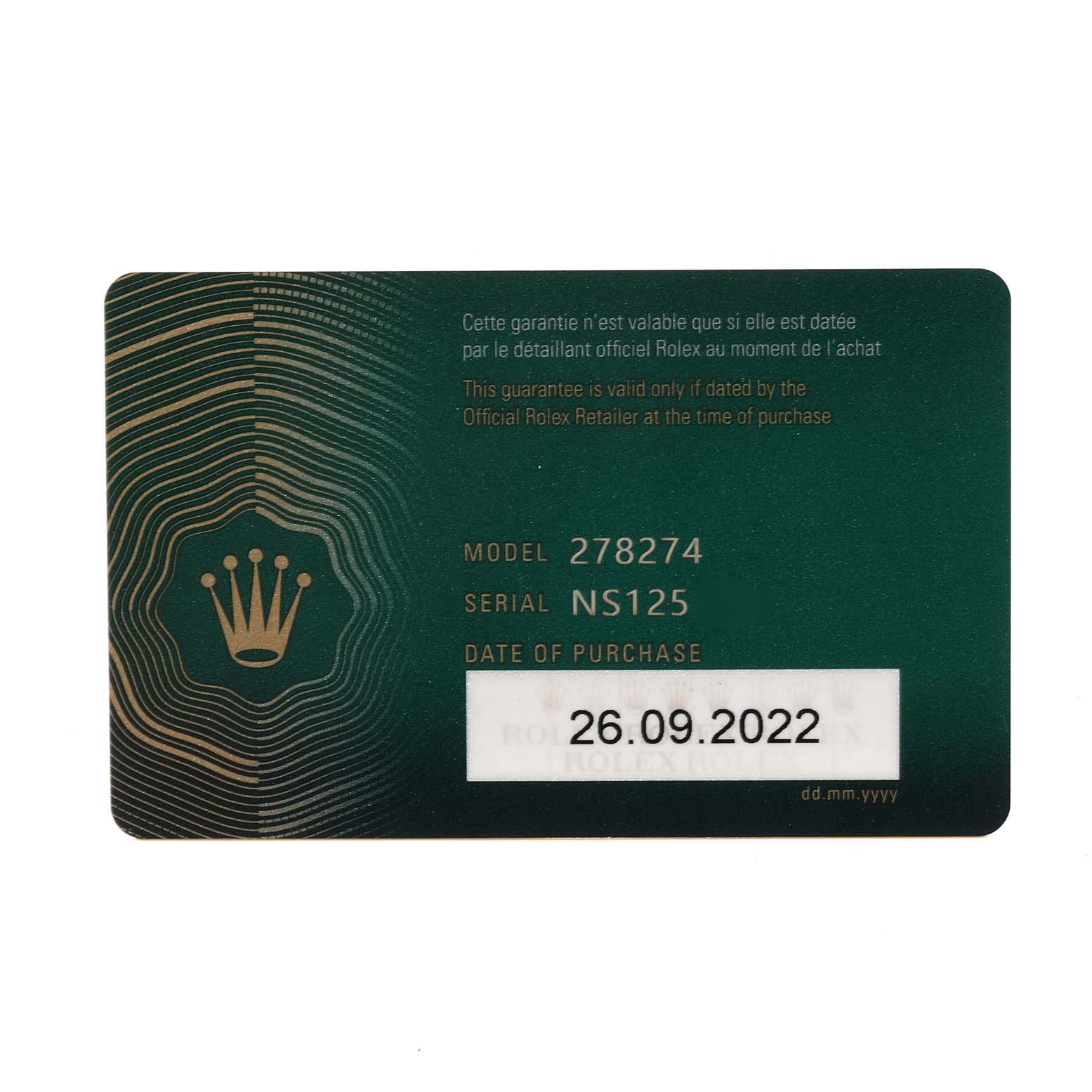 This image shows a guarantee card for a mid-size Rolex watch, model 278274.
