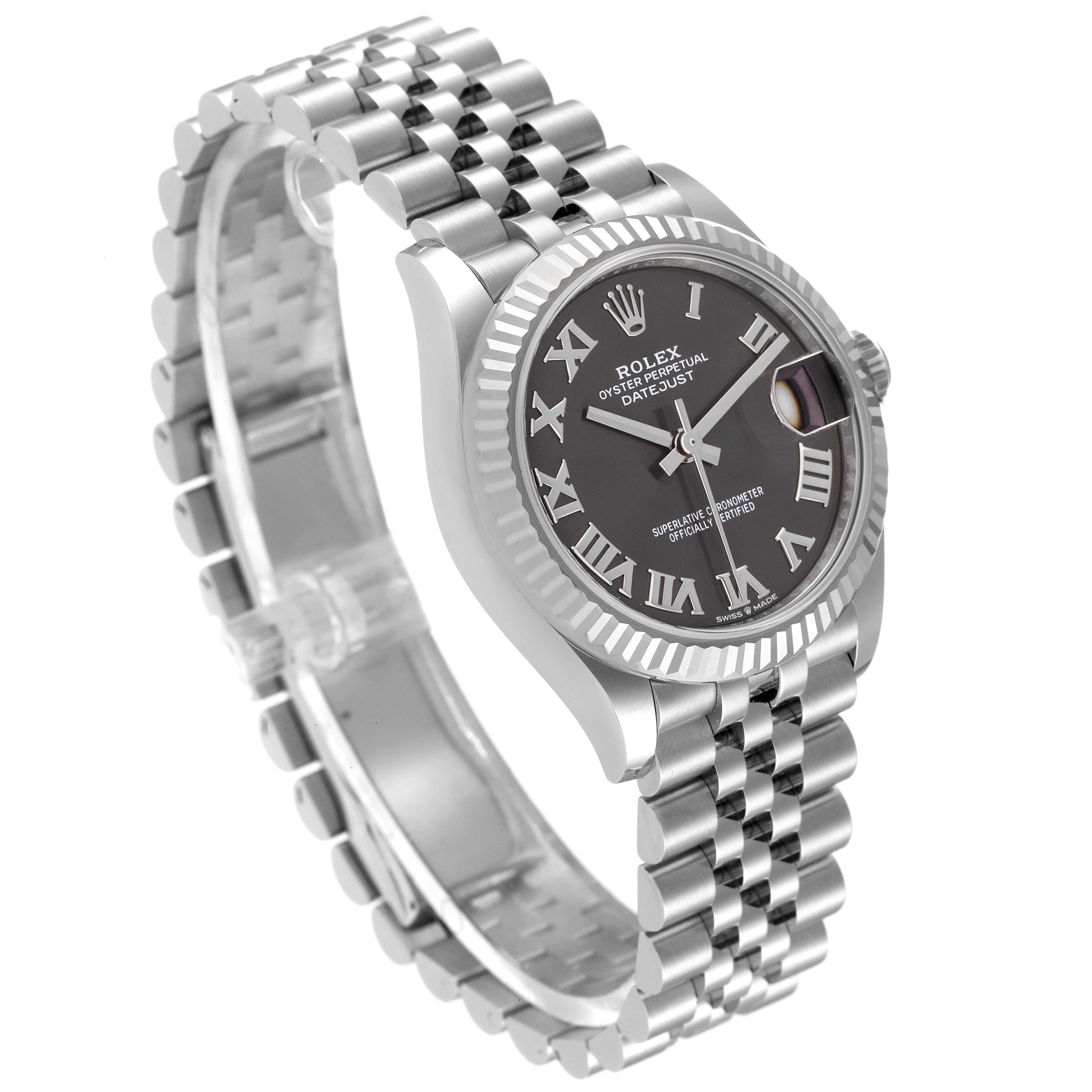 This Rolex Mid-Size 278274 Women's Stainless Steel Grey Dial 278274 Women's Stainless Steel Grey Dial model is shown at an angled view, highlighting the face, bezel, and metal bracelet band.
