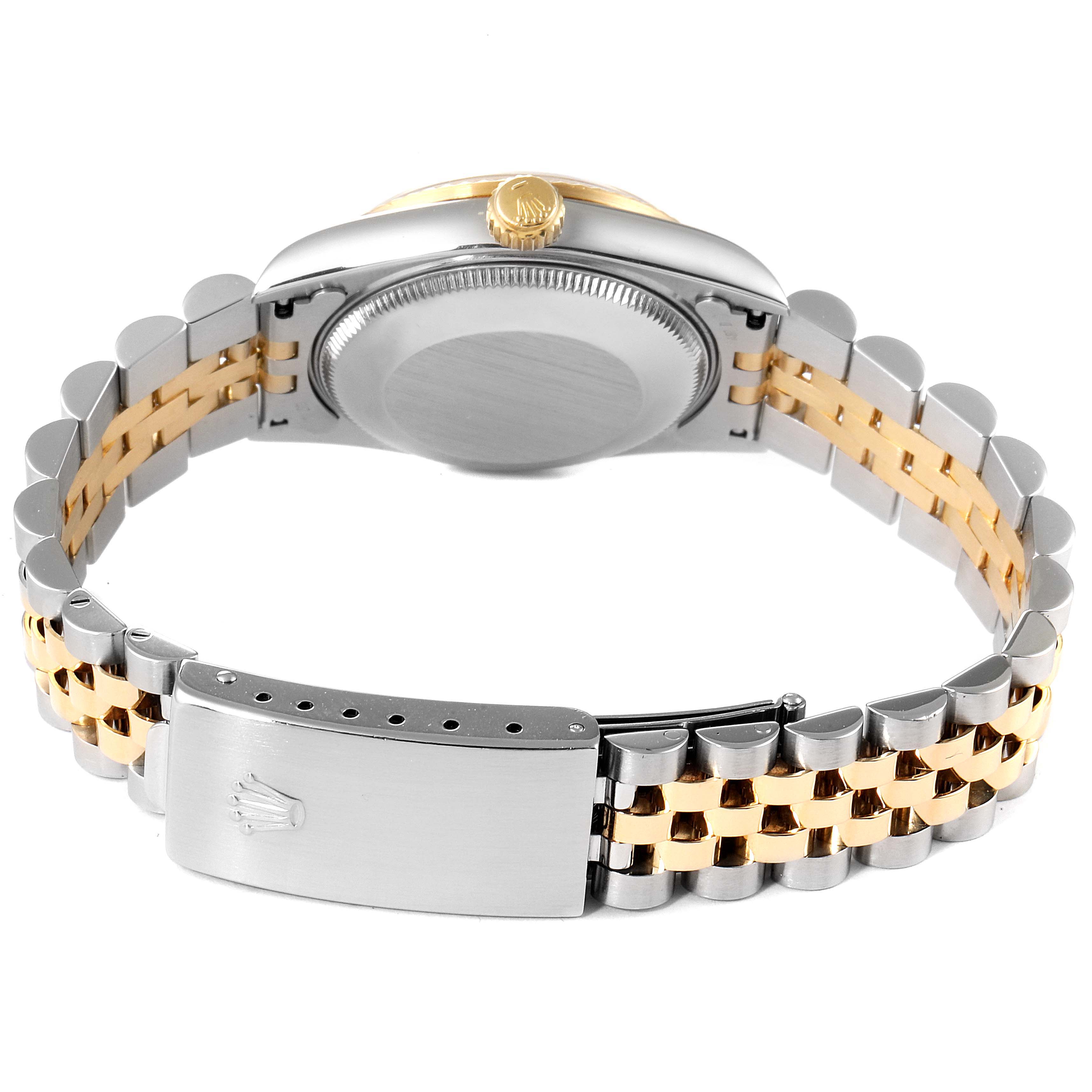 This image shows the back case, crown, and two-tone bracelet of a Rolex Mid-Size 68273 Women's Steel and Gold (two tone) Blue Dial 68273 Women's Steel and Gold (two tone) Blue Dial model watch.