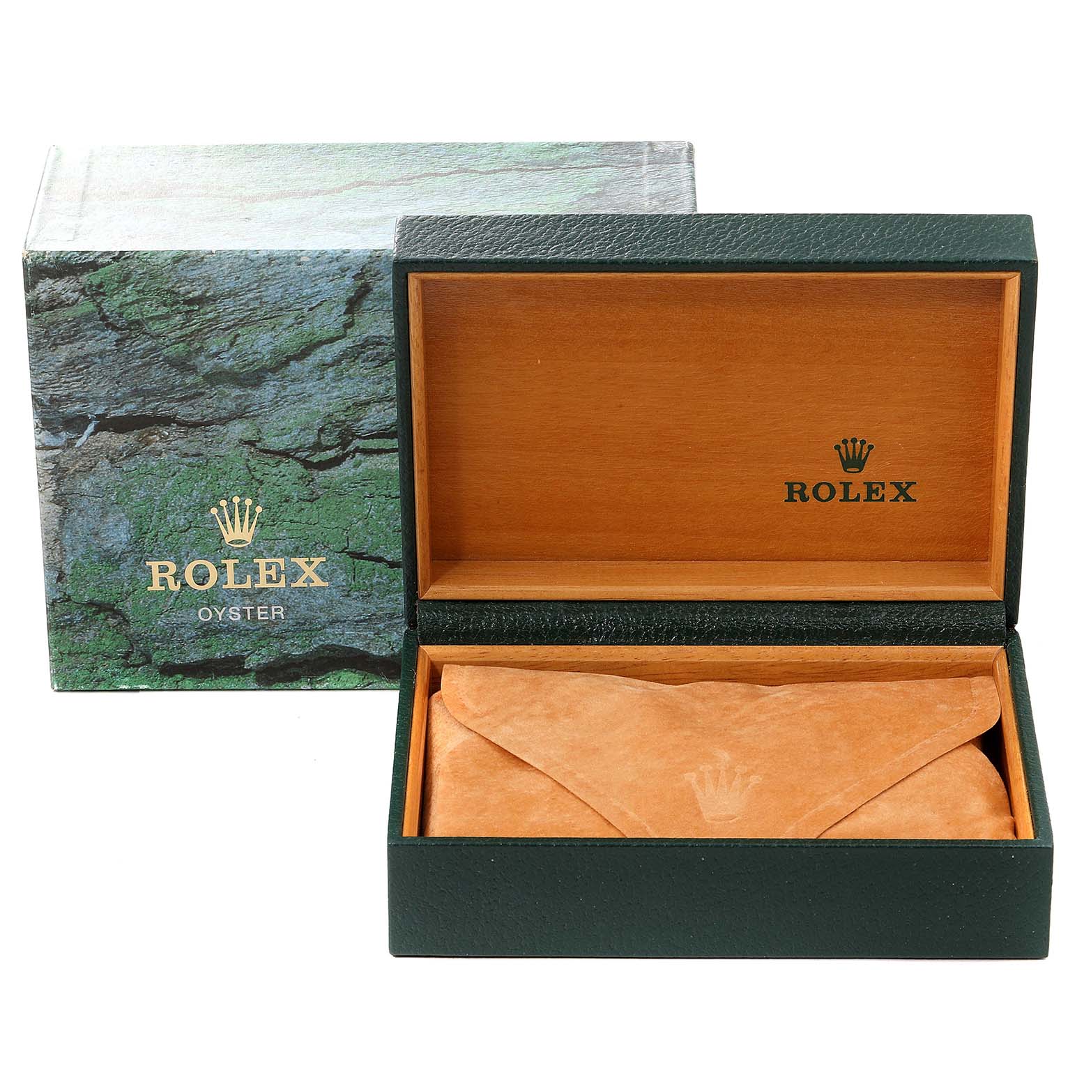 The image shows the packaging box and inner wooden box for a Mid-Size Rolex watch, with the inner box open to show the Rolex branding.