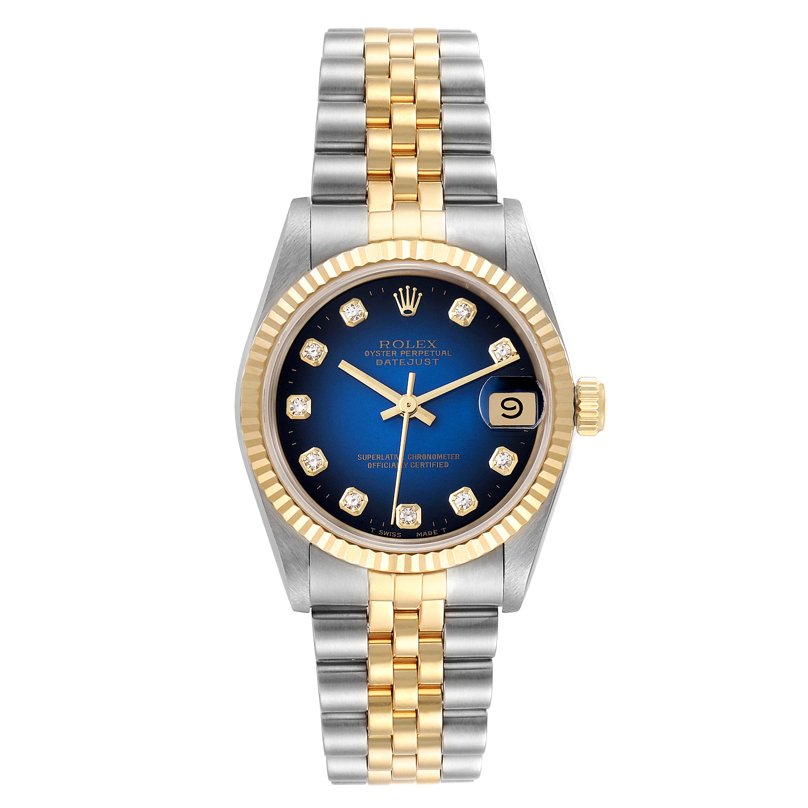 The Rolex Mid-Size 68273 Women's Steel and Gold (two tone) Blue Dial 68273 Women's Steel and Gold (two tone) Blue Dial model watch is shown from a front view, displaying its blue dial, gold and silver bracelet, and date window.