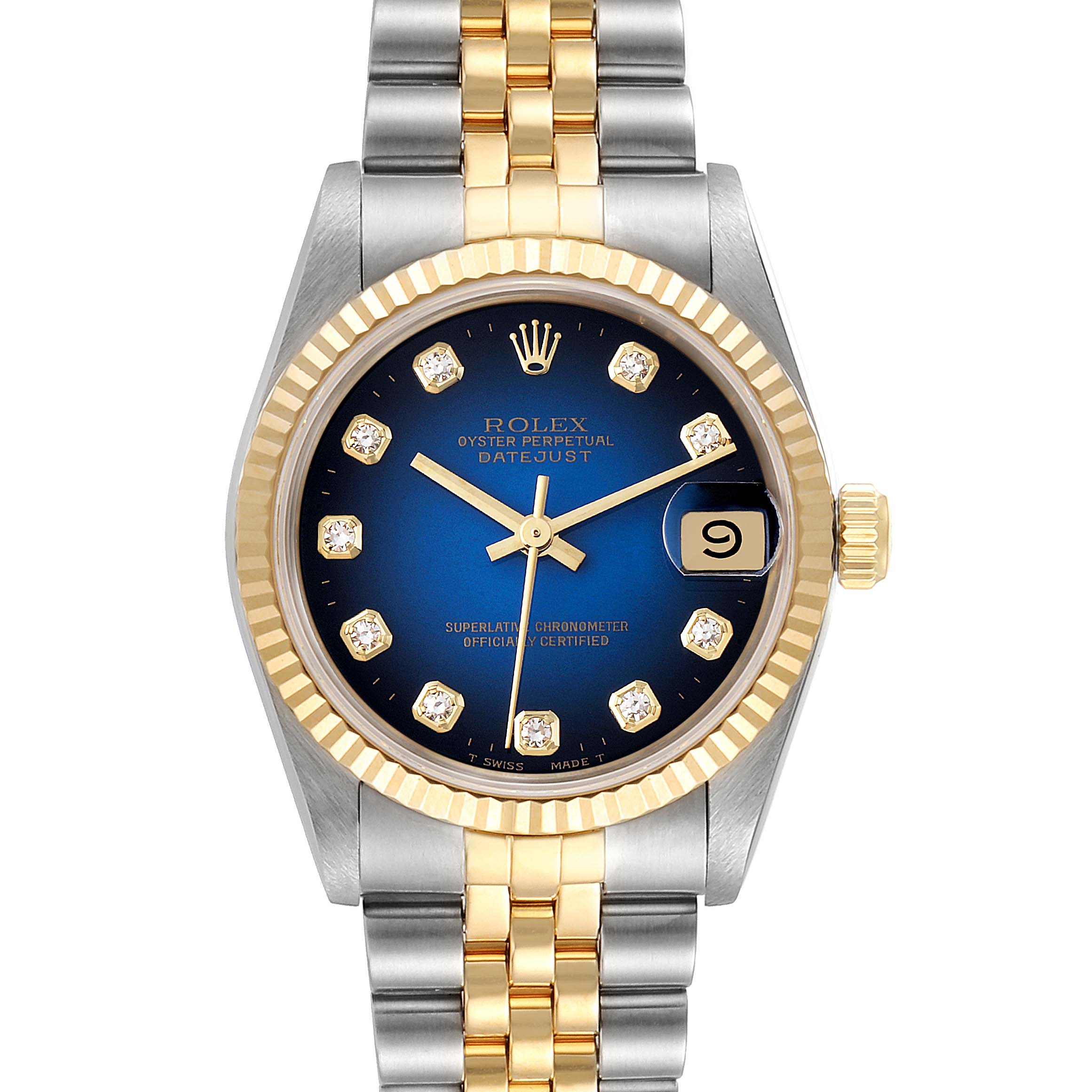 Front view of the Rolex Mid-Size 68273 Women's Steel and Gold (two tone) Blue Dial 68273 Women's Steel and Gold (two tone) Blue Dial Datejust watch, showing the gold and silver strap, blue dial, gold bezel, and date feature.