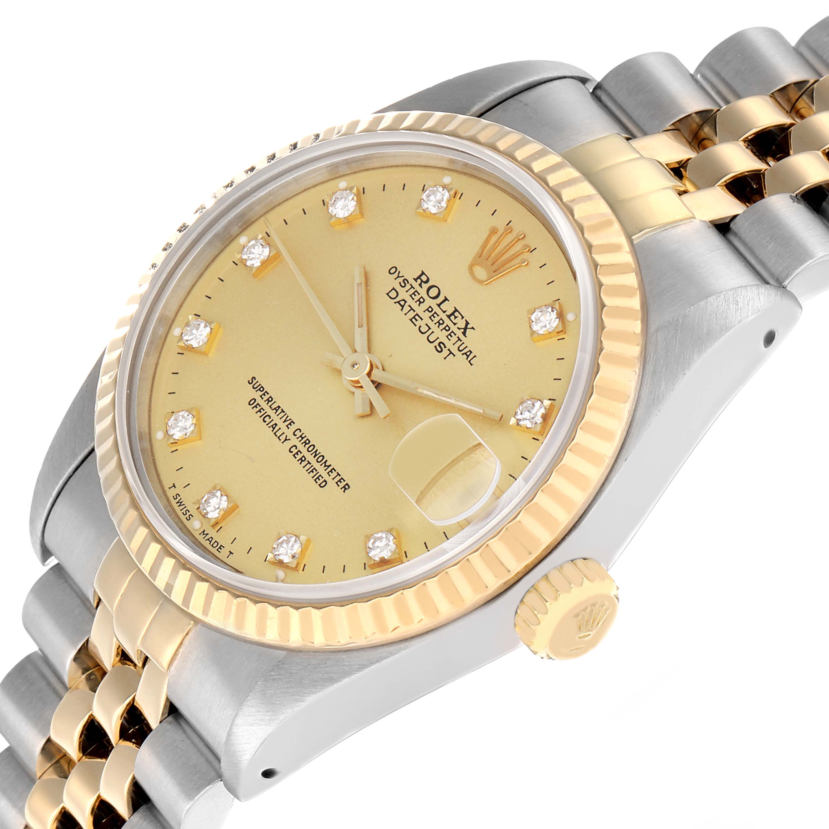 The Rolex Datejust Mid-Size watch is shown at a three-quarter angle, highlighting the dial, bezel, crown, and bracelet.