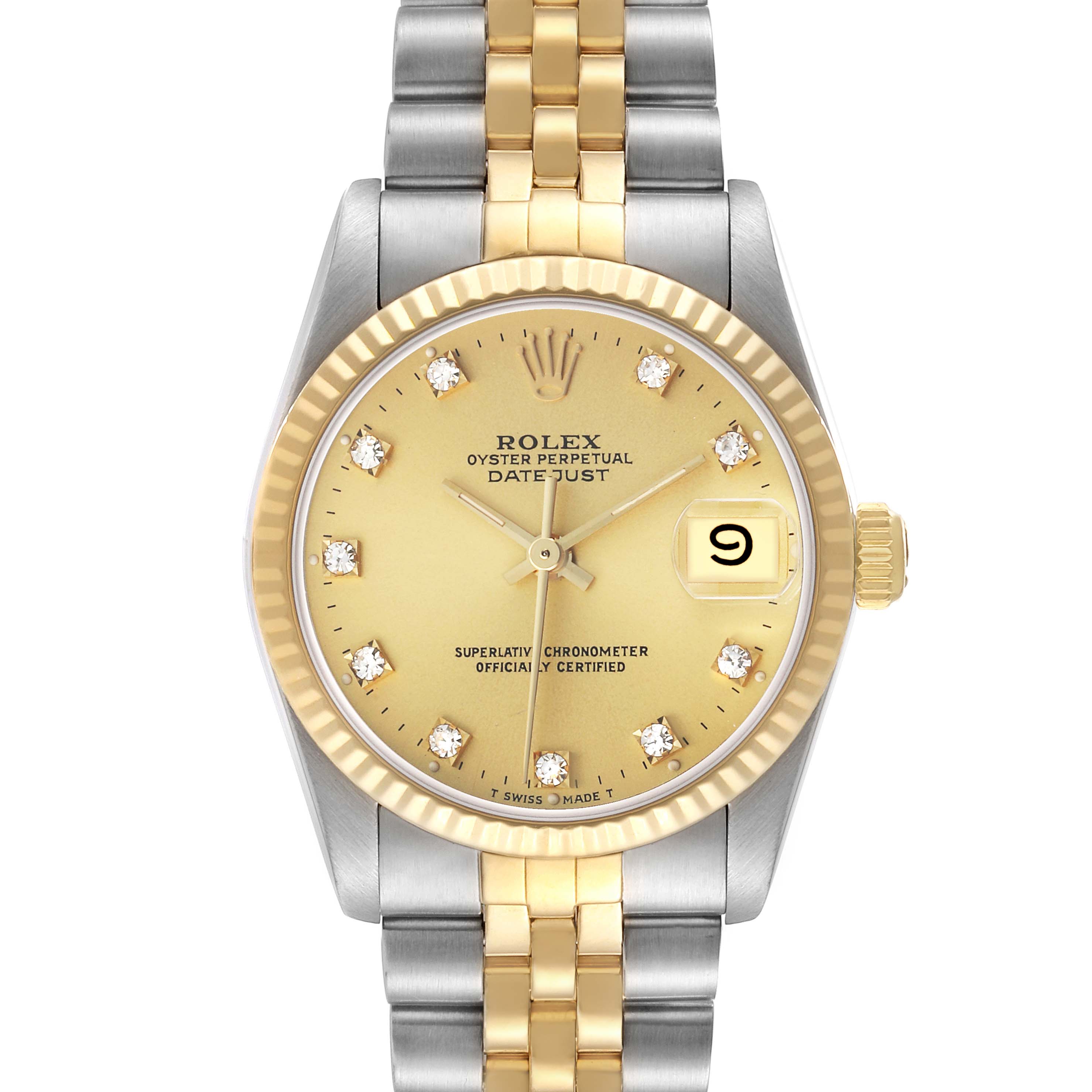 This is a front view of the Rolex Mid-Size 68273 Women's Steel and Gold (two tone) Champagne Dial Datejust, showing the dial, bezel, bracelet, and crown.