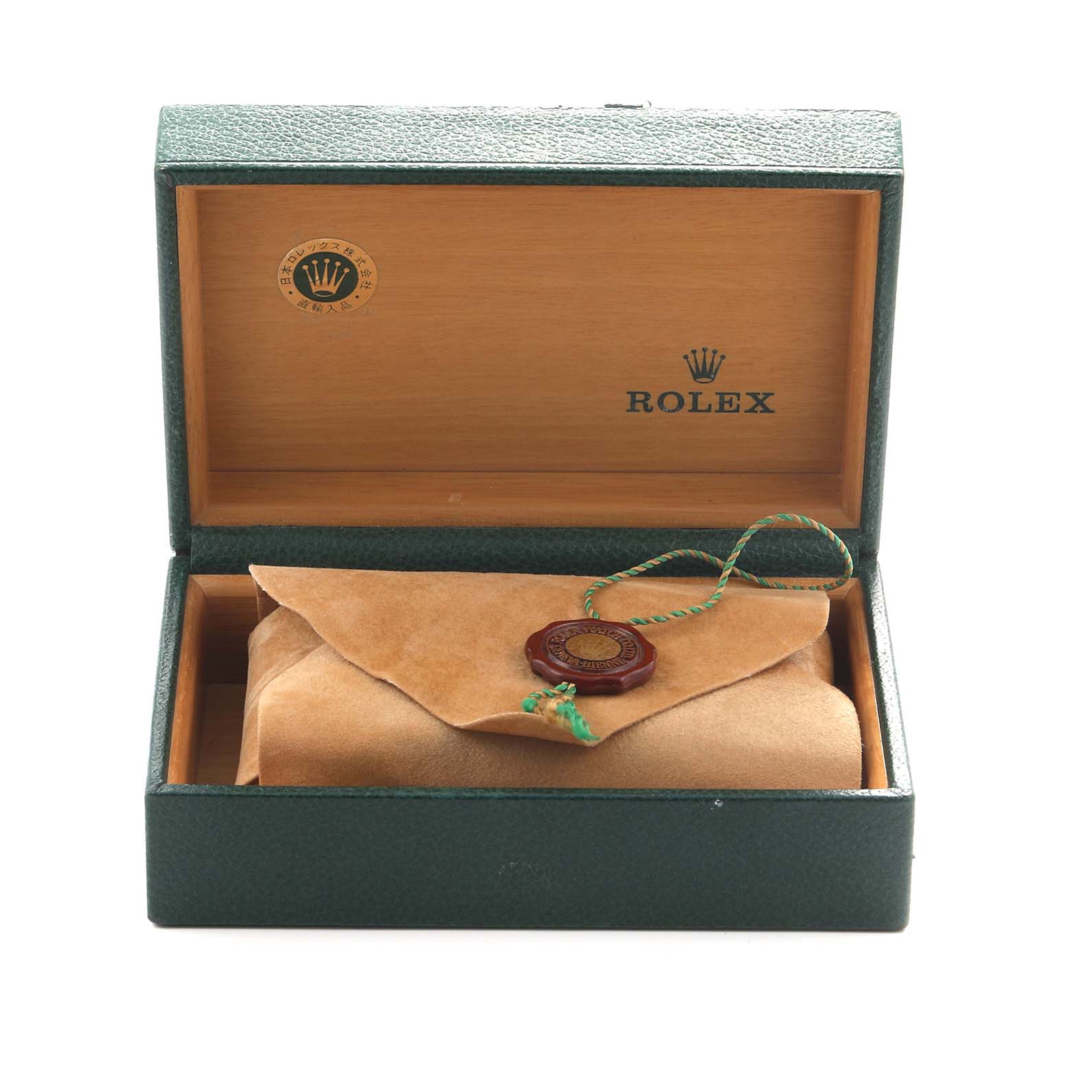 The image shows a Rolex Mid-Size 68273 Women's Steel and Gold (two tone) Champagne Dial model's watch box, featuring the interior with a wrapped watch and a seal inside.