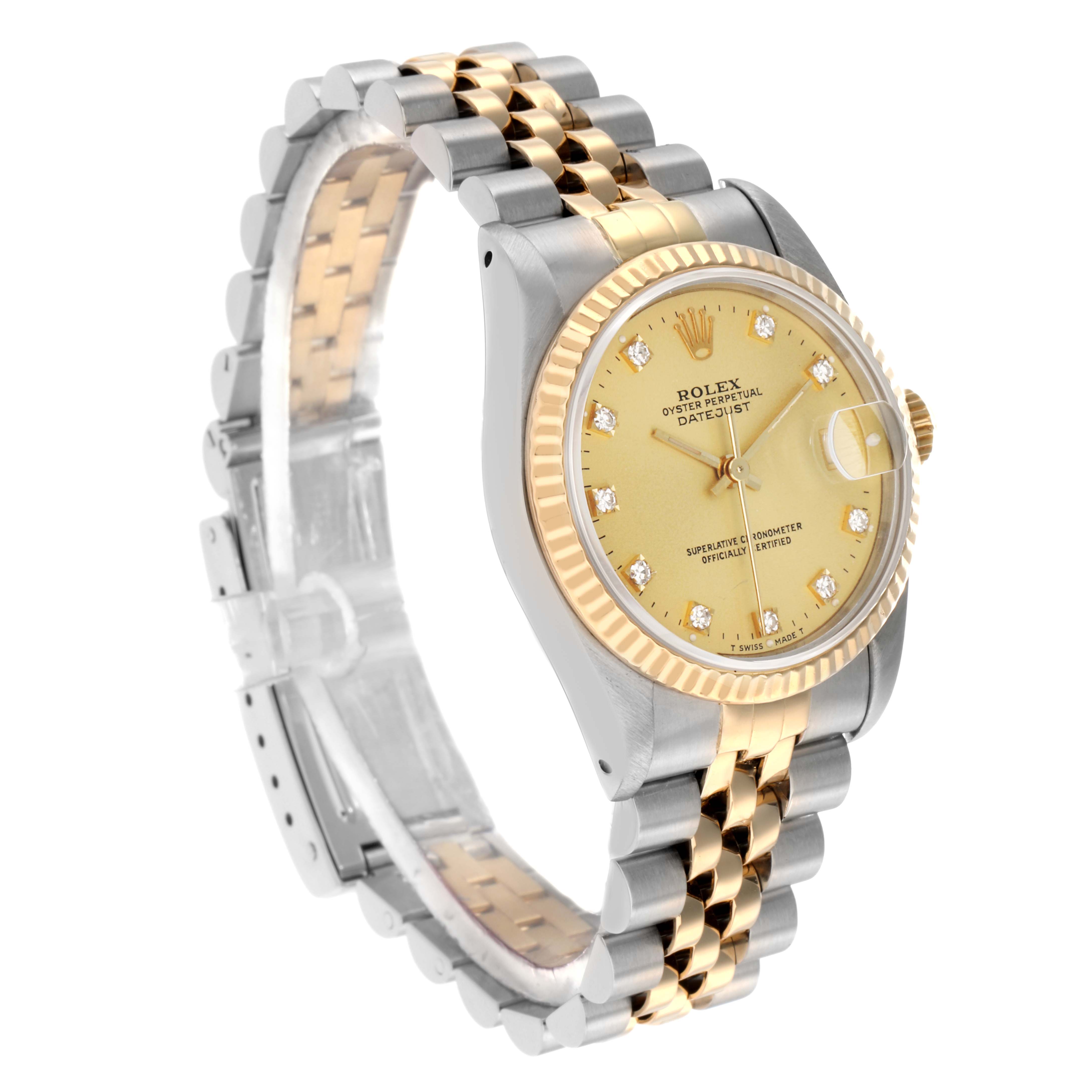The Rolex Mid-Size 68273 Women's Steel and Gold (two tone) Champagne Dial watch is shown at an oblique angle, featuring its gold dial, fluted bezel, and two-tone bracelet.