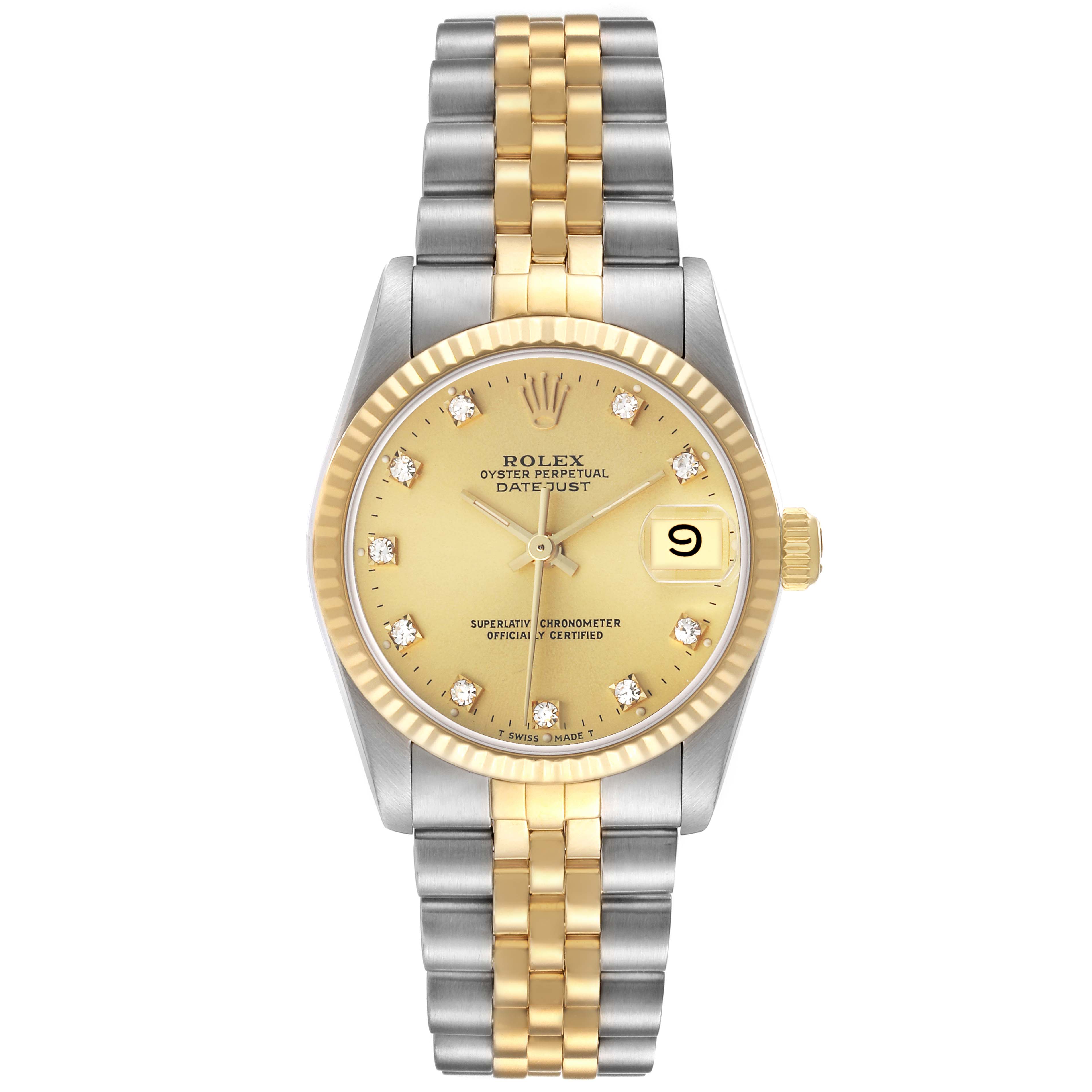 The Rolex Mid-Size 68273 Women's Steel and Gold (two tone) Champagne Dial Datejust is shown from the front, highlighting the dial, bezel, and bracelet.