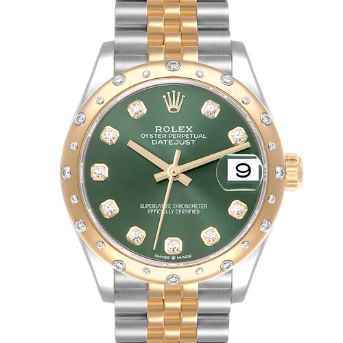 The Rolex Datejust Mid-Size watch is shown from the front, displaying the green dial, gold bezel, and two-tone bracelet.