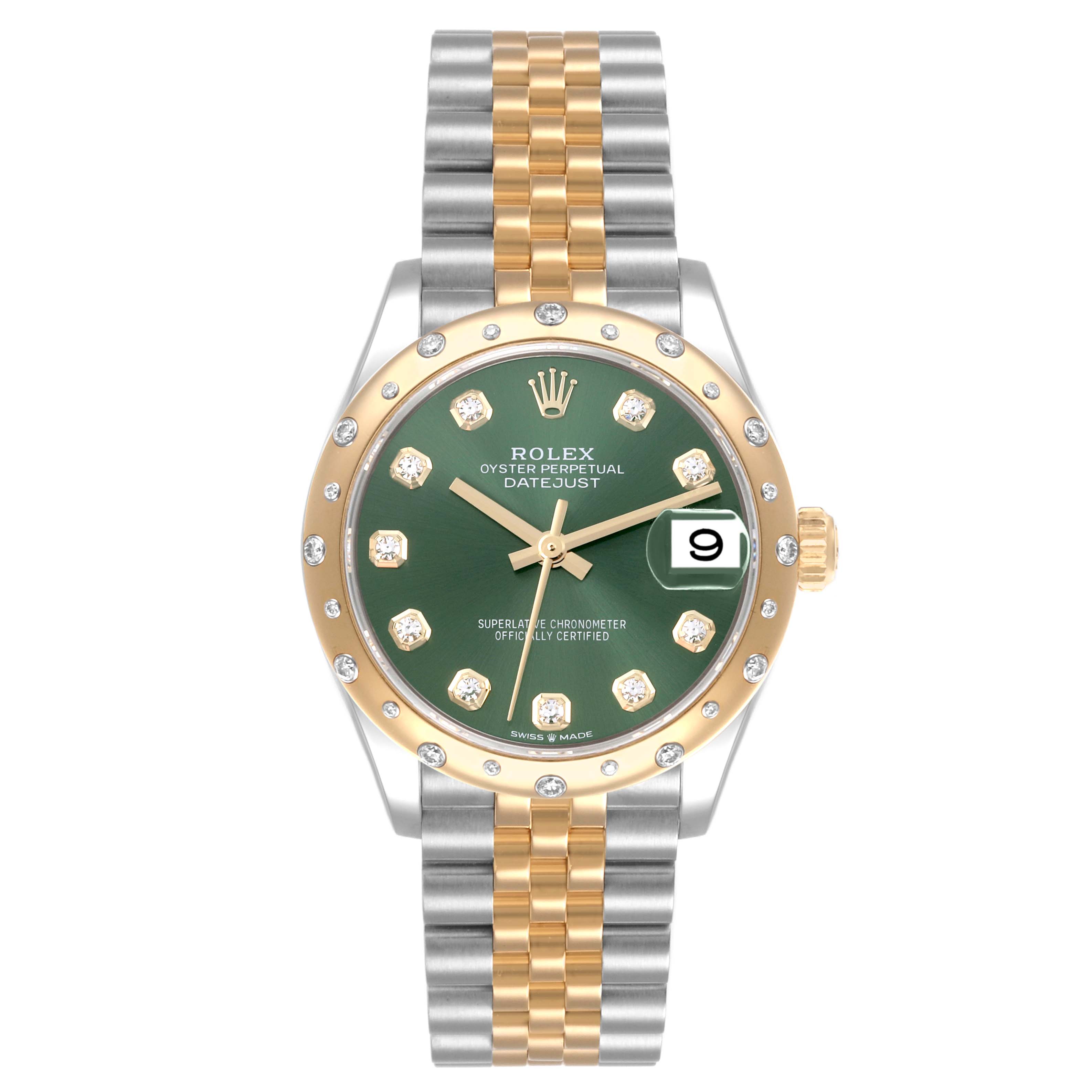 The Rolex Mid-Size 278343RBR-0030 Women's Steel and Gold (two tone) Green Dial 278343RBR-0030 Women's Steel and Gold (two tone) Green Dial Datejust is shown from the front, displaying the dial, bezel, and bracelet.