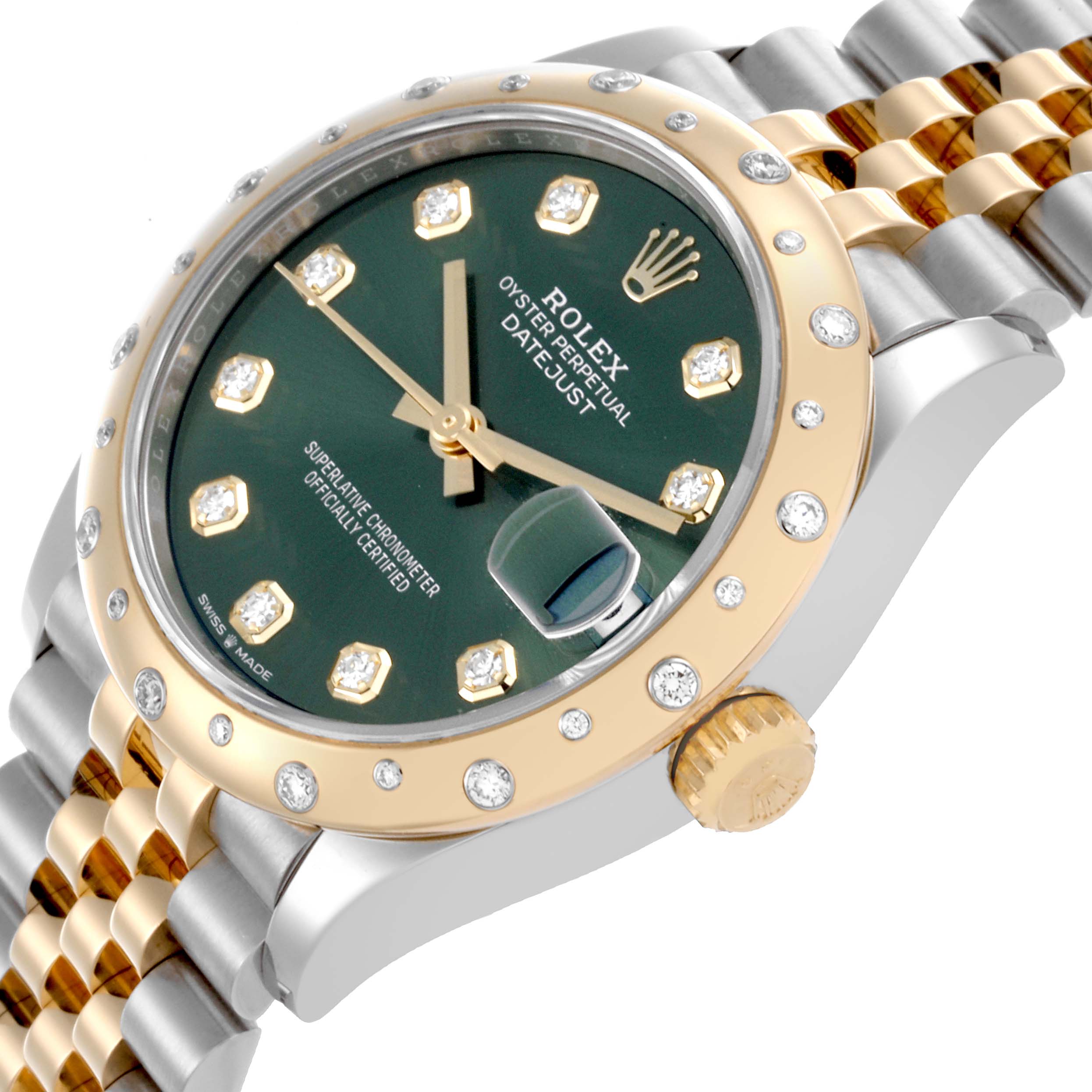 The Rolex Mid-Size 278343RBR-0030 Women's Steel and Gold (two tone) Green Dial 278343RBR-0030 Women's Steel and Gold (two tone) Green Dial model is shown from a front-side angle, emphasizing the green dial, gold bezel, and two-tone bracelet.