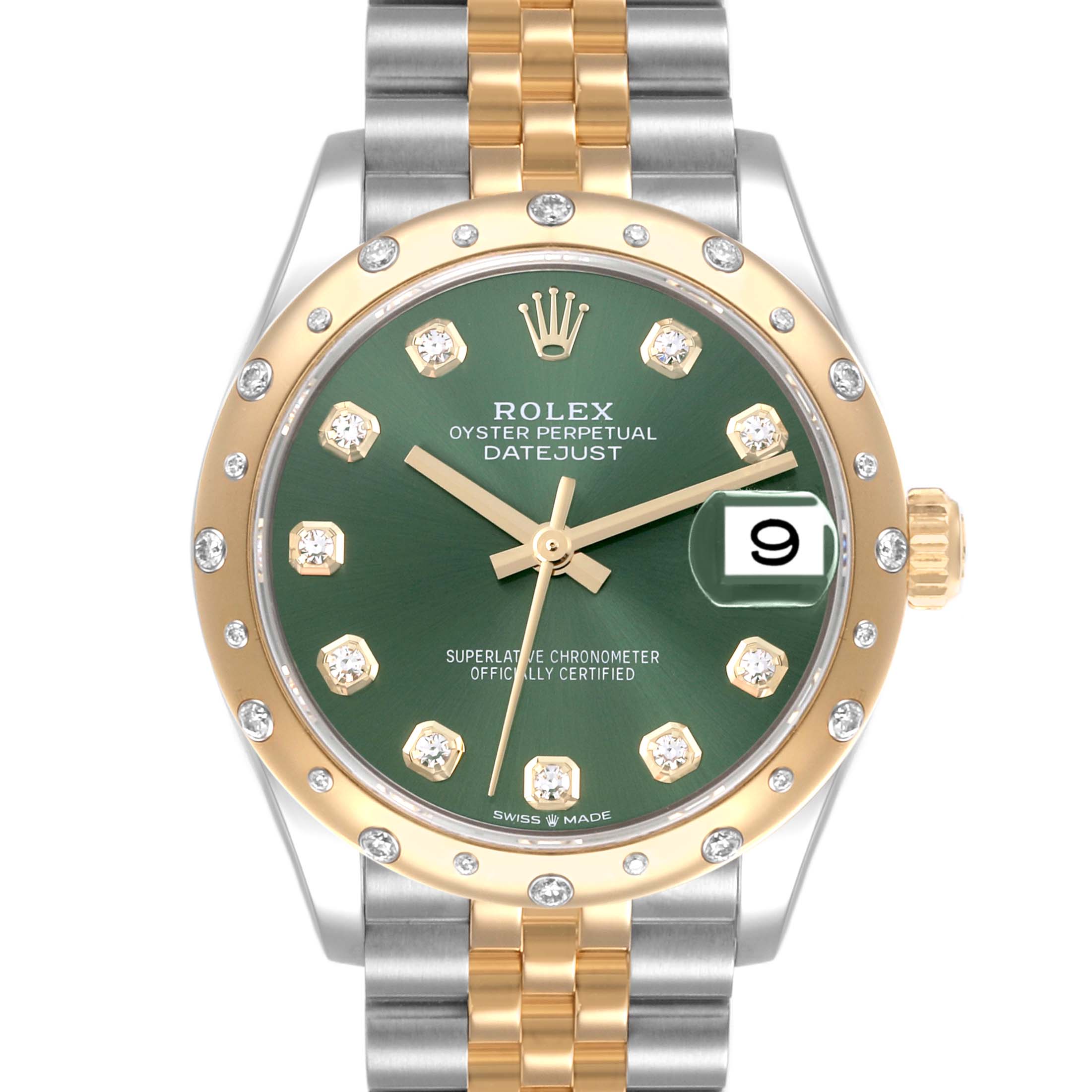 The Rolex Mid-Size 278343RBR-0030 Women's Steel and Gold (two tone) Green Dial 278343RBR-0030 Women's Steel and Gold (two tone) Green Dial Datejust watch is shown front-facing, highlighting its green dial and gold/silver bracelet.