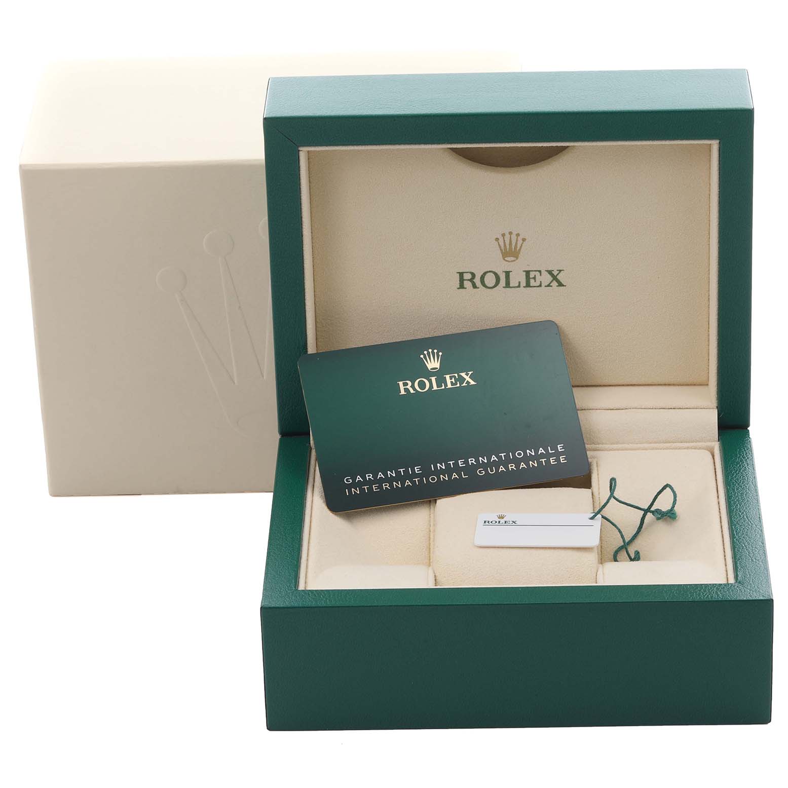 The image shows a Rolex Mid-Size 278343RBR-0030 Women's Steel and Gold (two tone) Green Dial 278343RBR-0030 Women's Steel and Gold (two tone) Green Dial watch box with its international guarantee card and tag inside.