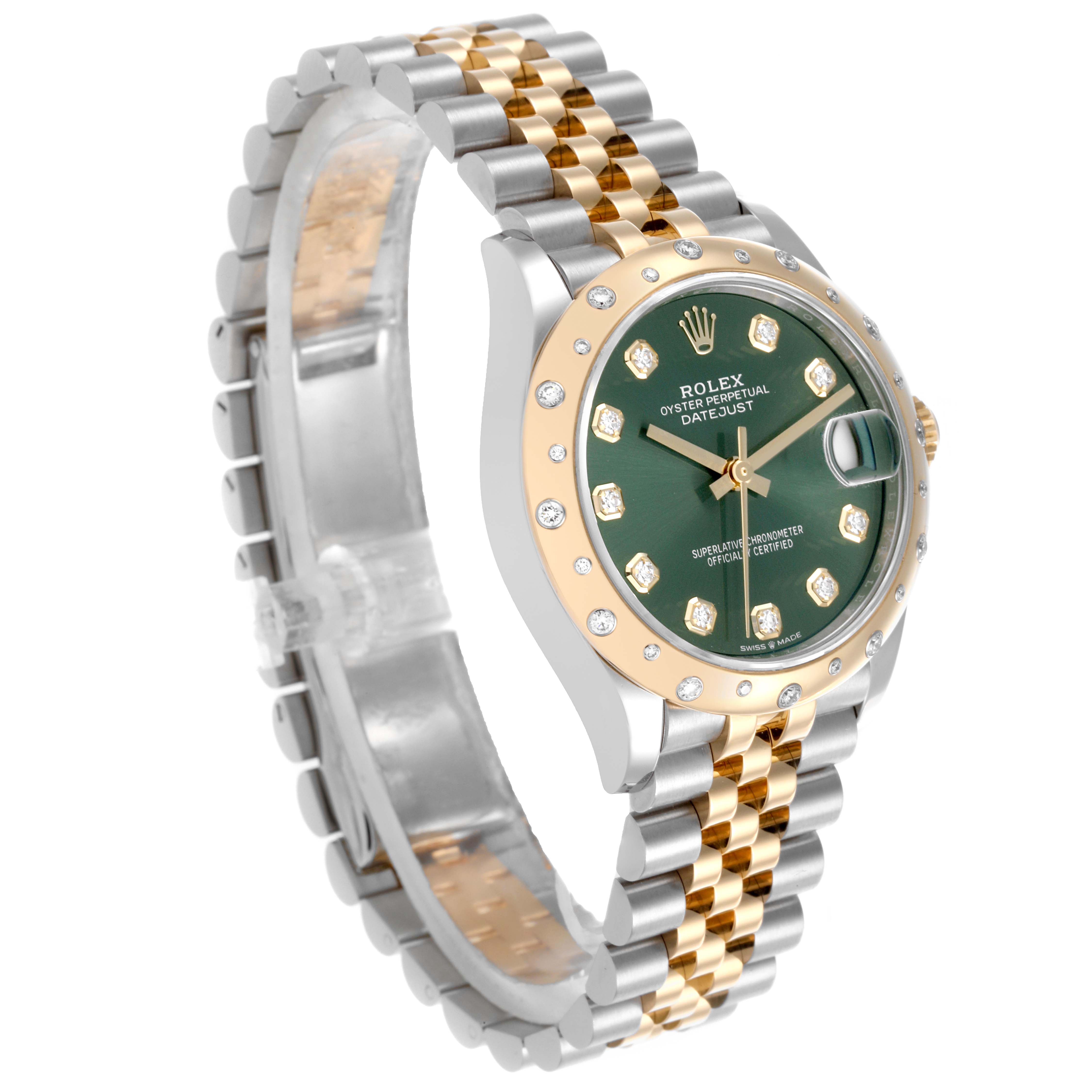 The Rolex Datejust Mid-Size watch is shown from a three-quarter angle, displaying the face, bezel, and two-tone bracelet.