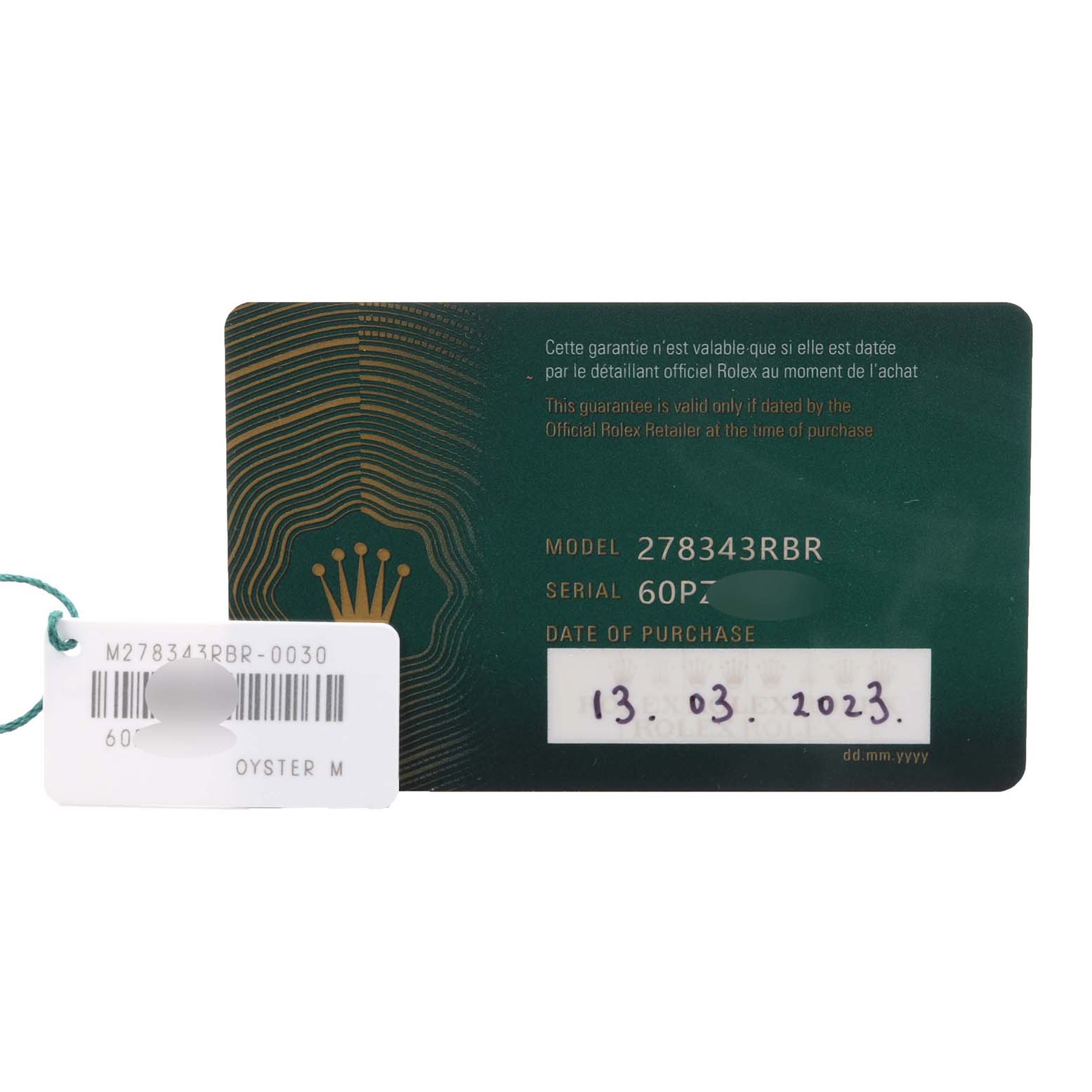 The image shows a warranty card and tag for the Rolex Mid-Size 278343RBR-0030 Women's Steel and Gold (two tone) Green Dial 278343RBR-0030 Women's Steel and Gold (two tone) Green Dial model 278343RBR.