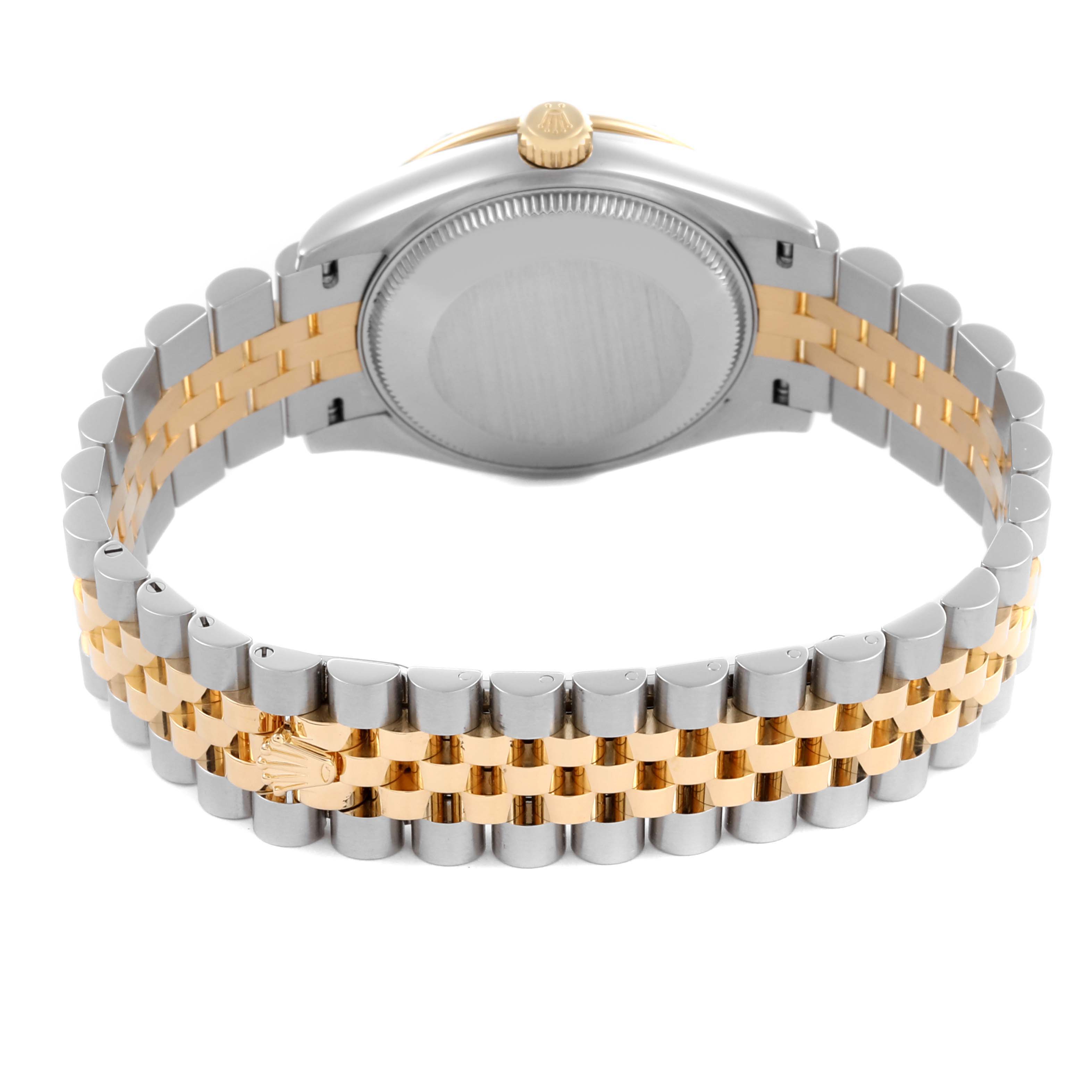 This image shows the back view of a Rolex Mid-Size 278343RBR-0030 Women's Steel and Gold (two tone) Green Dial 278343RBR-0030 Women's Steel and Gold (two tone) Green Dial watch, featuring the case back and two-tone bracelet.