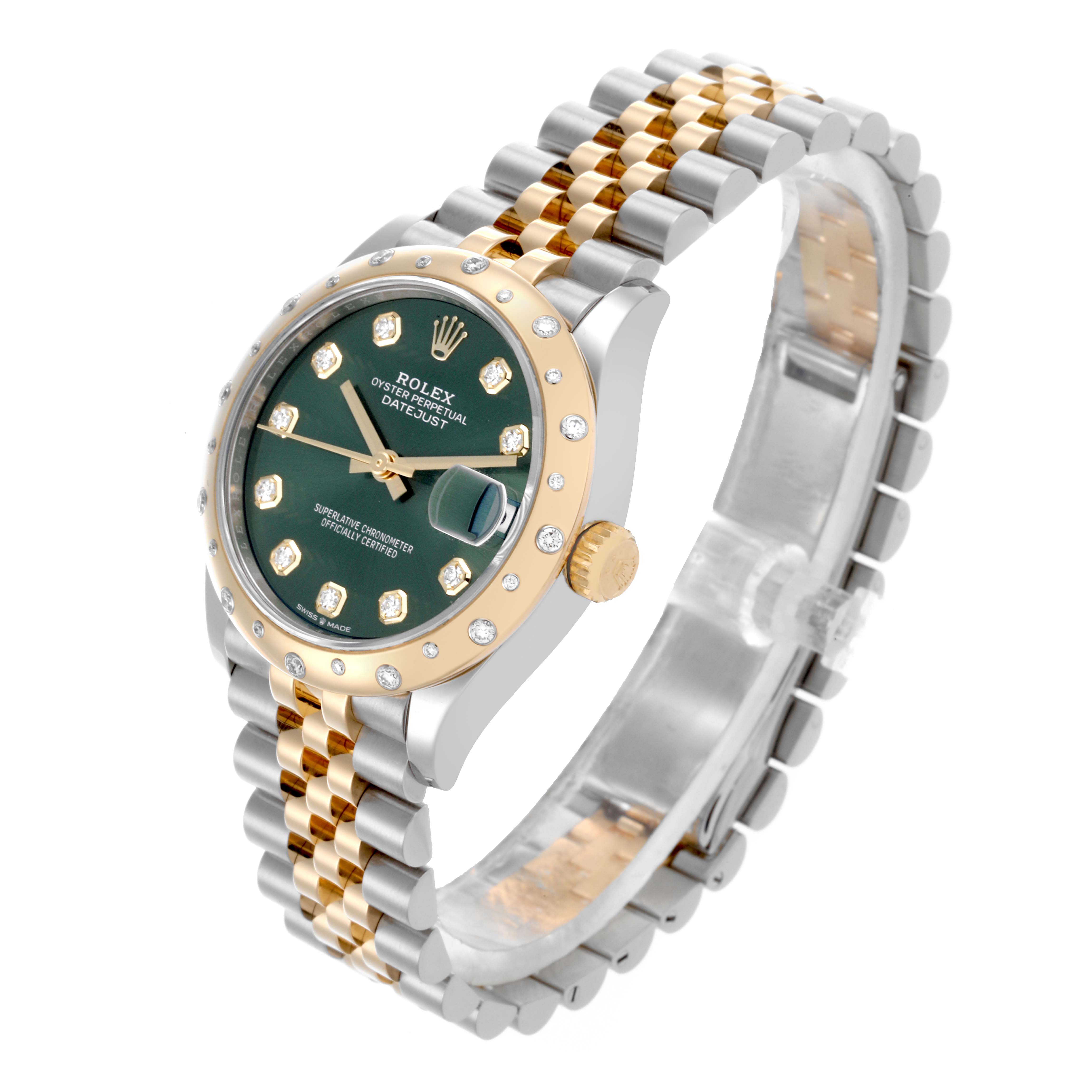 The Rolex Mid-Size 278343RBR-0030 Women's Steel and Gold (two tone) Green Dial 278343RBR-0030 Women's Steel and Gold (two tone) Green Dial watch is shown at an angled view, highlighting its face, dial, bezel, and two-tone bracelet.