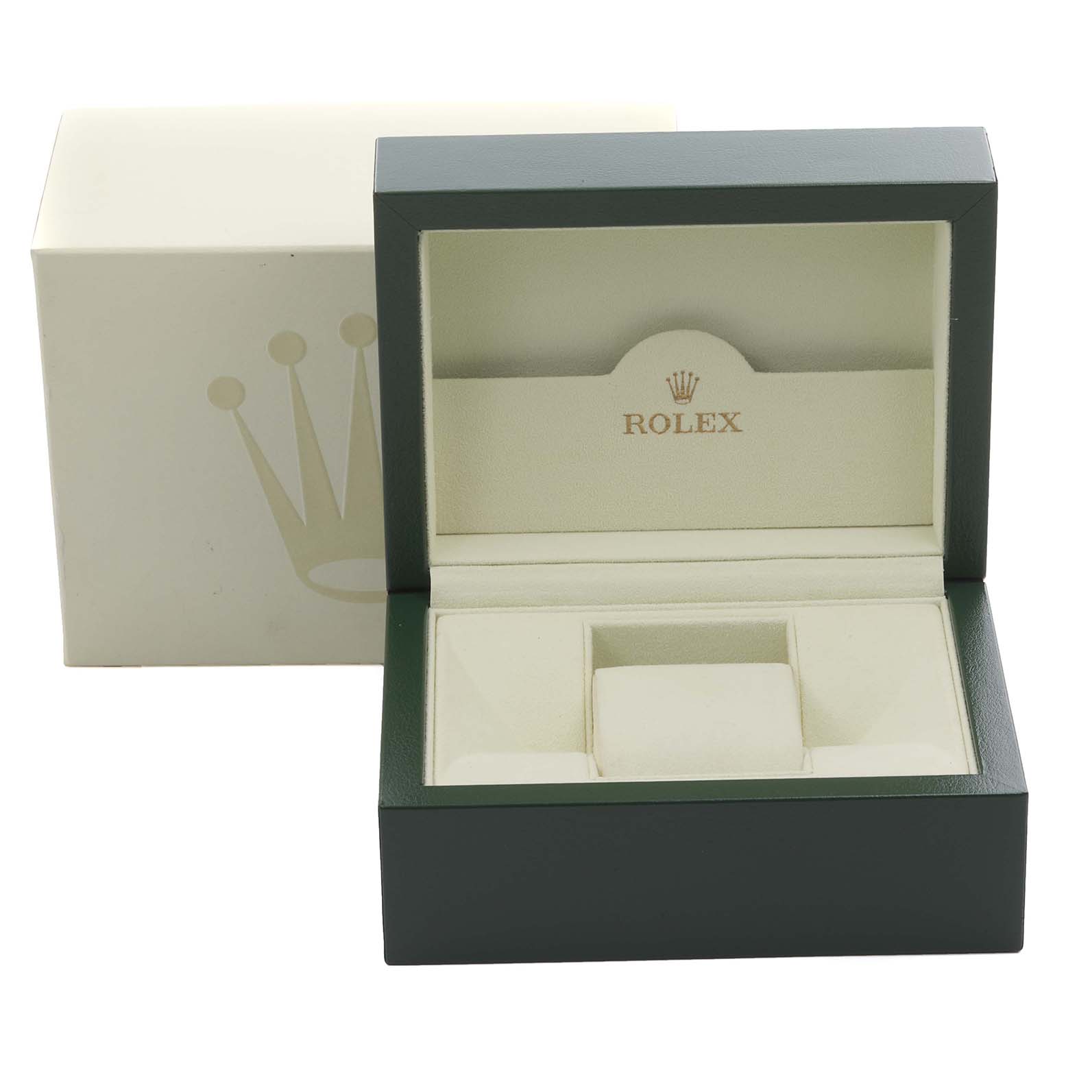 The image shows an empty Rolex President 179138 Women's Yellow Gold Champagne Dial 179138 Women's Yellow Gold Champagne Dial watch box, open from a front angle, highlighting the interior.