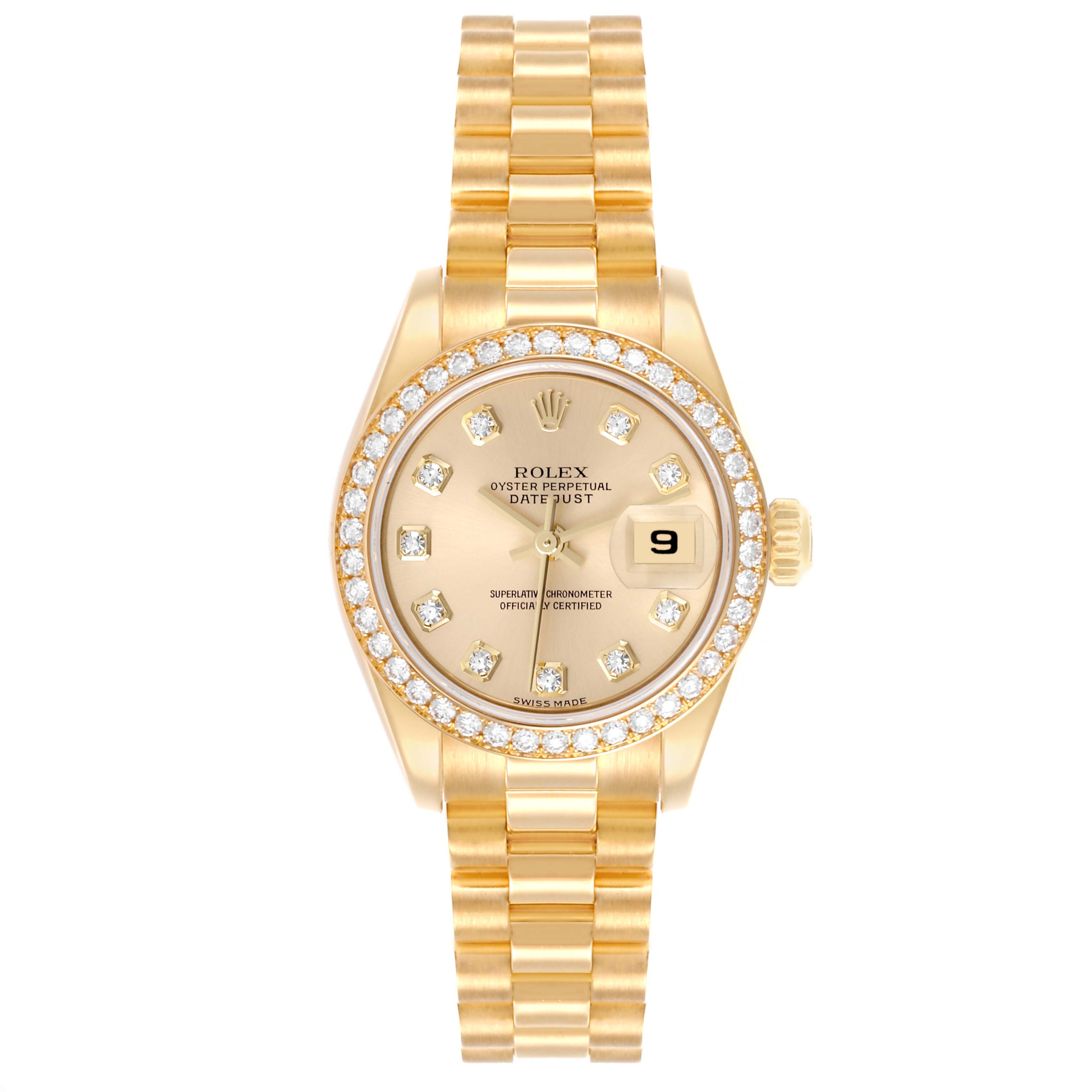 The Rolex President 179138 Women's Yellow Gold Champagne Dial 179138 Women's Yellow Gold Champagne Dial model is shown from a front angle, displaying the full watch face, bracelet, and bezel.