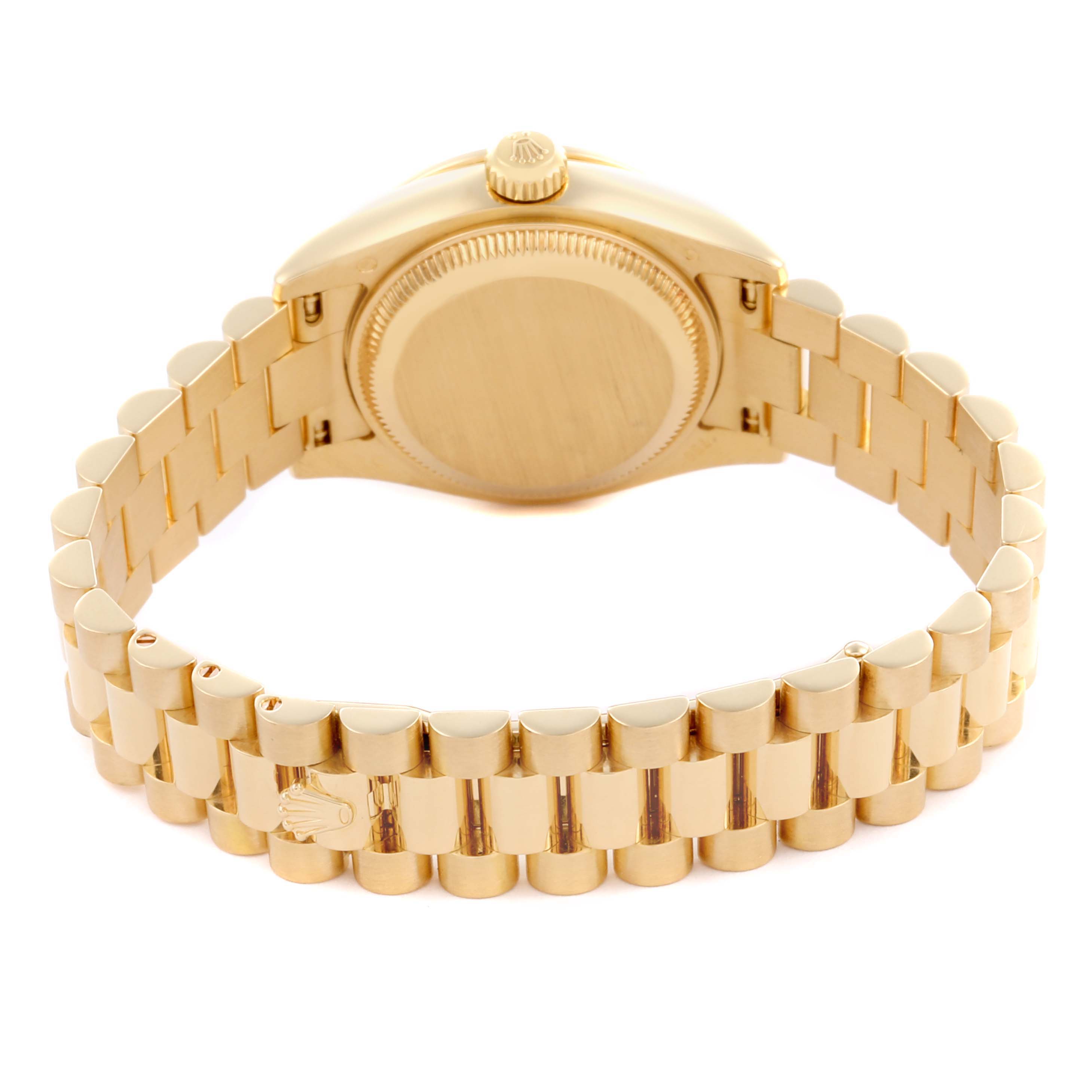 The image shows the back and bracelet of a Rolex President 179138 Women's Yellow Gold Champagne Dial 179138 Women's Yellow Gold Champagne Dial model, emphasizing the clasp and case back.