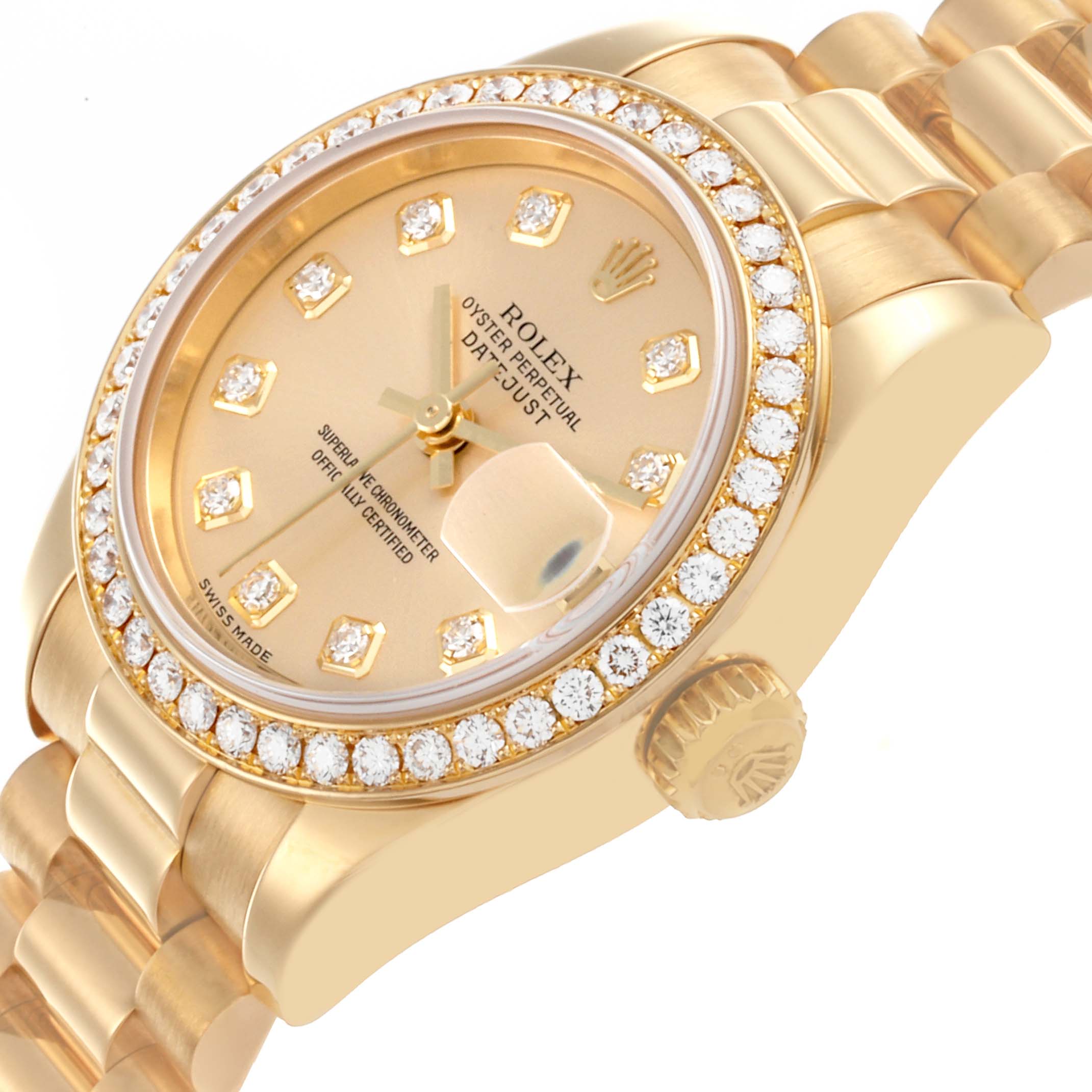 The Rolex President 179138 Women's Yellow Gold Champagne Dial 179138 Women's Yellow Gold Champagne Dial model is shown at an angle displaying the dial, bezel, and part of the bracelet.