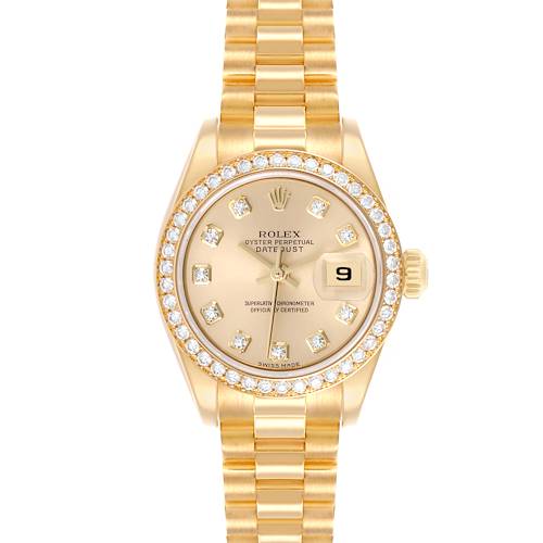 The Rolex President model is shown from a front view, highlighting the face, bezel, bracelet, and crown.