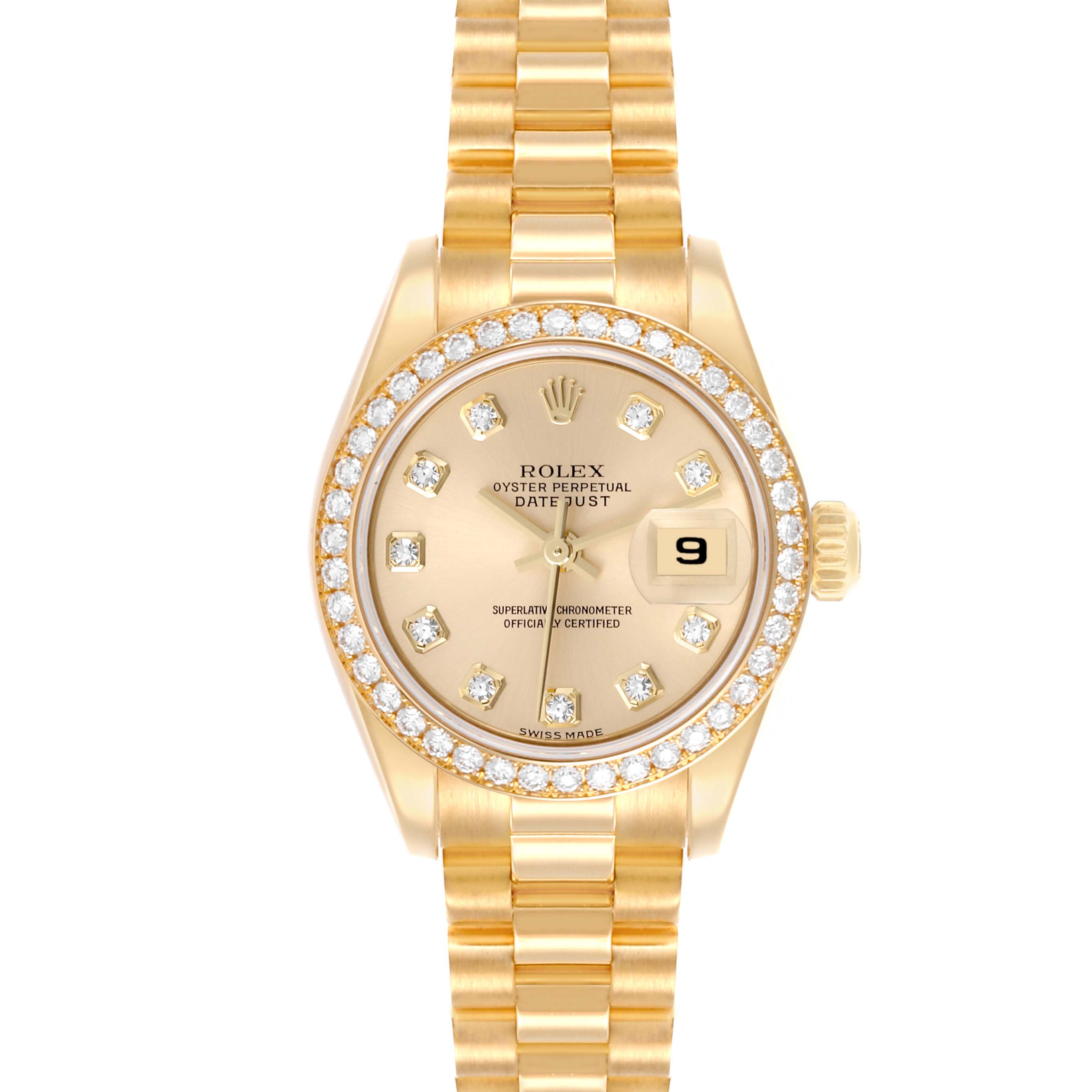 The Rolex President 179138 Women's Yellow Gold Champagne Dial 179138 Women's Yellow Gold Champagne Dial watch is shown from a front angle, featuring its dial, diamond bezel, and bracelet.