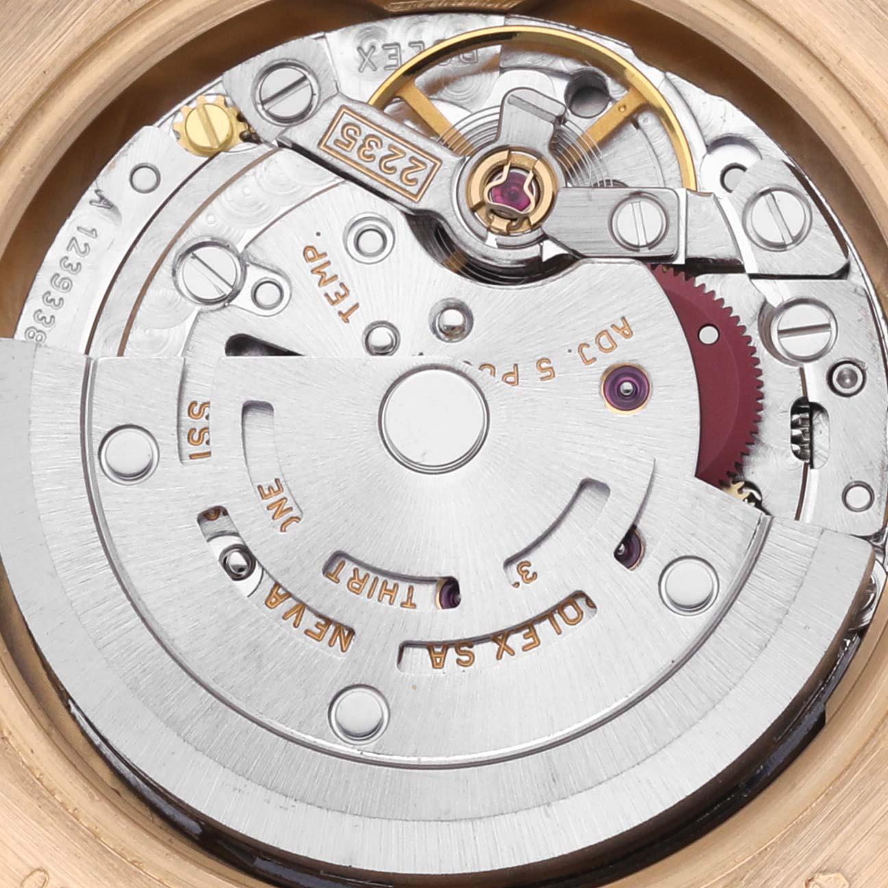 The image shows the inner mechanical movement components of the Rolex President 179138 Women's Yellow Gold Champagne Dial 179138 Women's Yellow Gold Champagne Dial model.