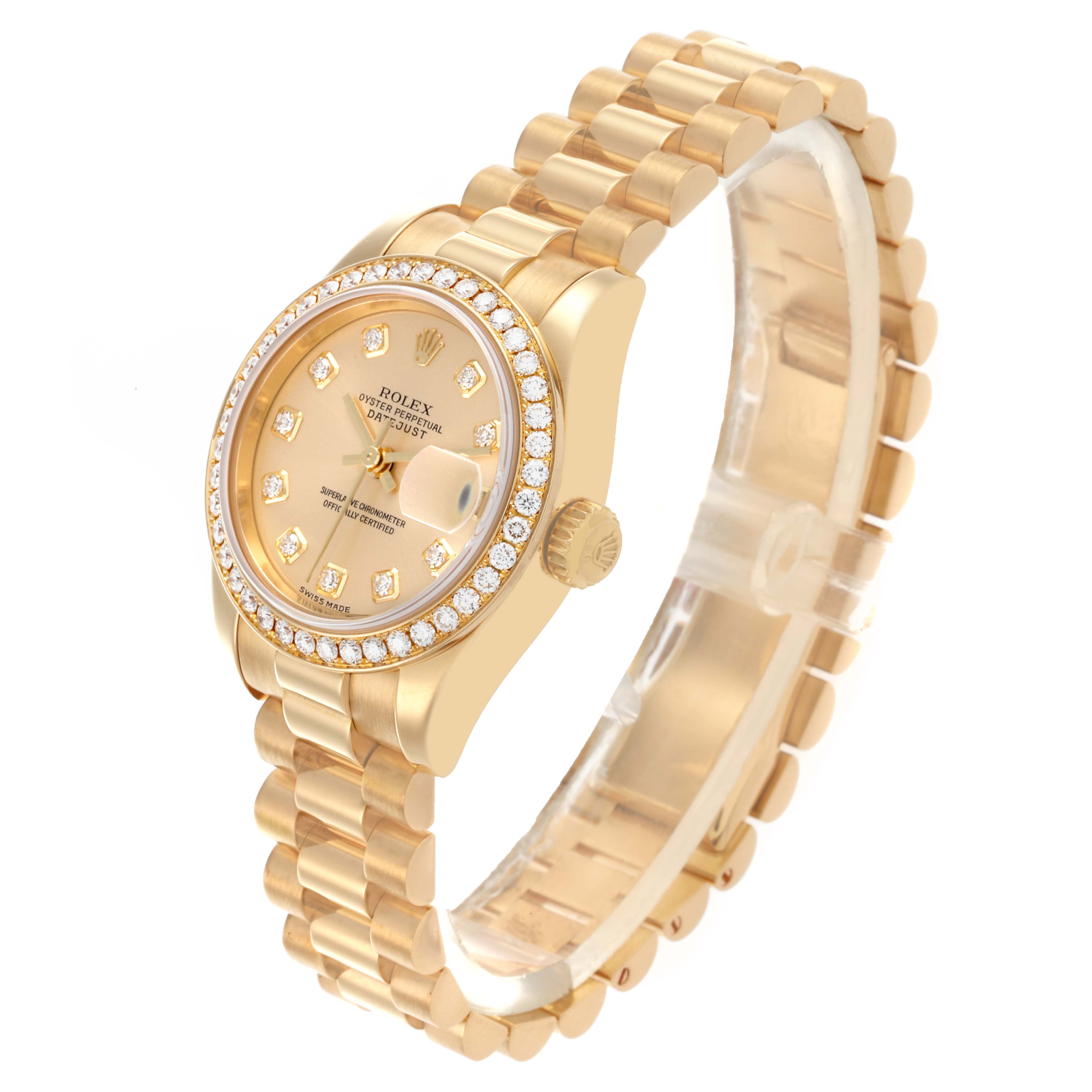 The Rolex President 179138 Women's Yellow Gold Champagne Dial 179138 Women's Yellow Gold Champagne Dial model watch is shown at a three-quarter angle, highlighting the dial, diamond bezel, and bracelet.