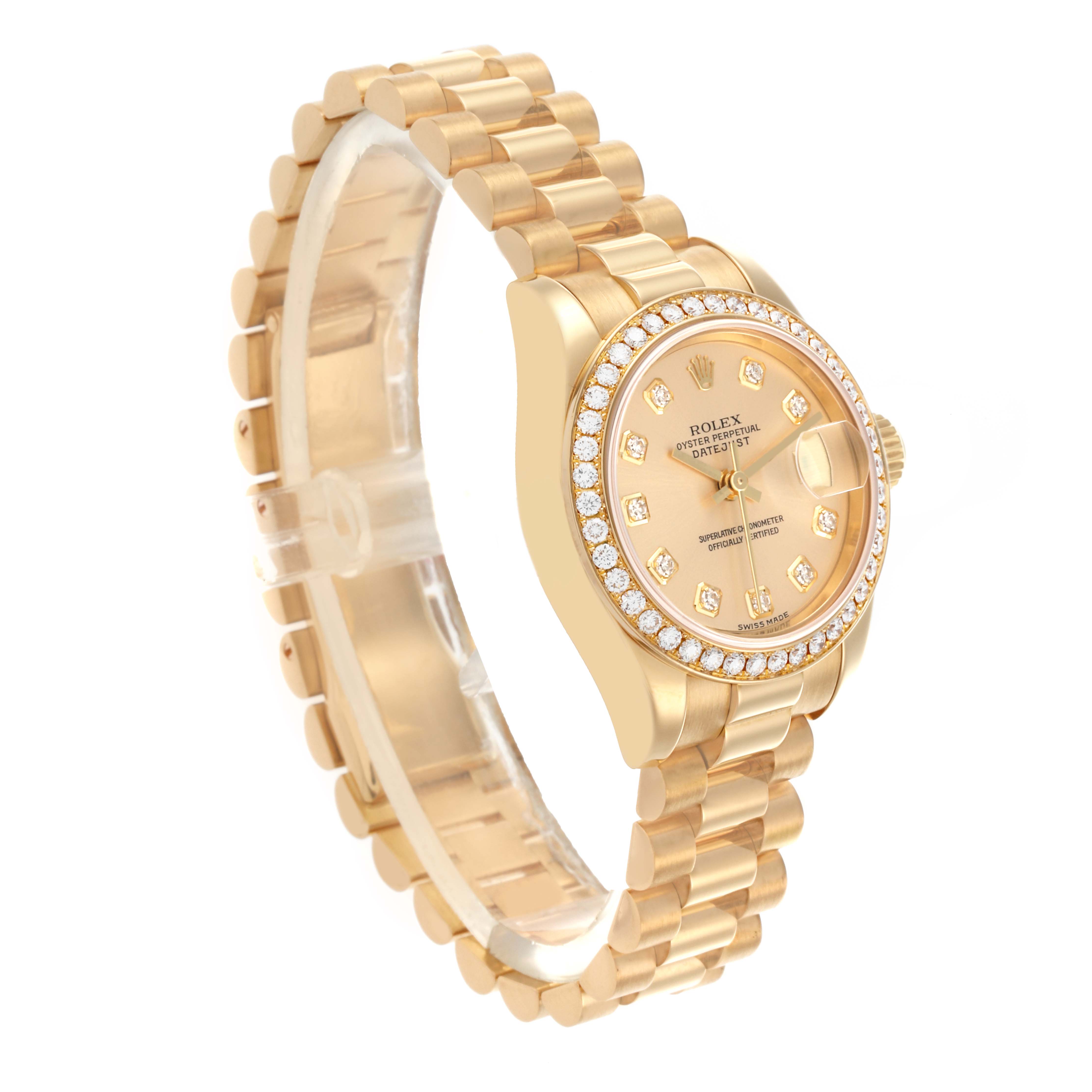 The Rolex President 179138 Women's Yellow Gold Champagne Dial 179138 Women's Yellow Gold Champagne Dial model is angled to show the dial, bezel, and bracelet prominently.