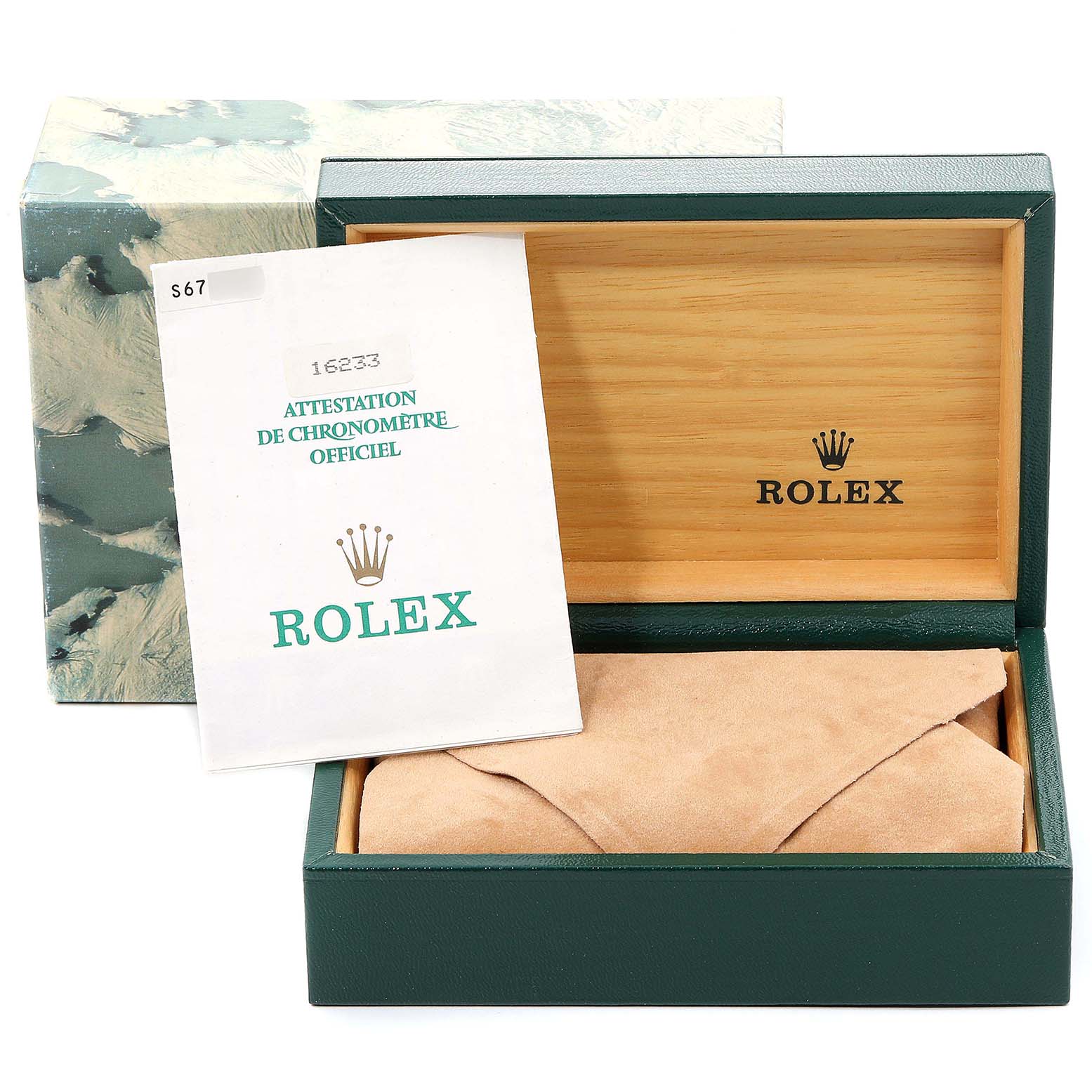 The image shows the open box and certificate for a Rolex Datejust 16233G Men's Steel and Gold (two tone) Champagne Dial 16233G Men's Steel and Gold (two tone) Champagne Dial watch.