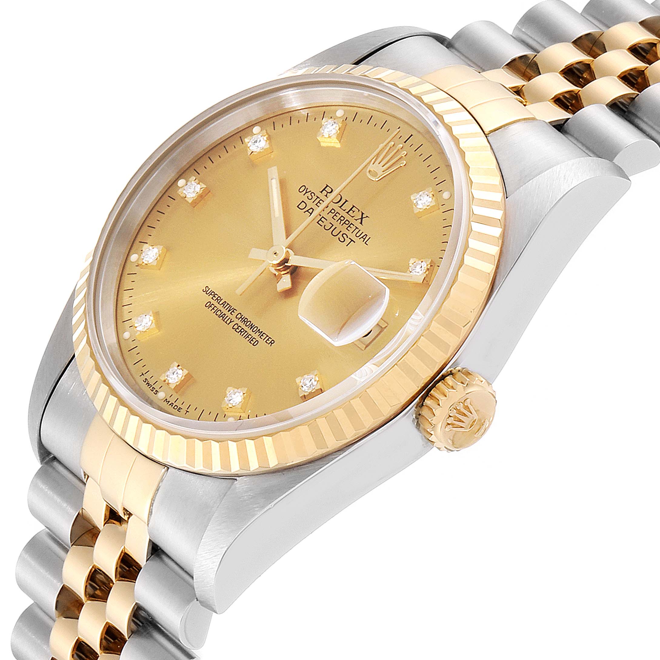 This image shows a close-up angled view of a Rolex Datejust 16233G Men's Steel and Gold (two tone) Champagne Dial 16233G Men's Steel and Gold (two tone) Champagne Dial watch, highlighting the face, crown, and part of the bracelet.