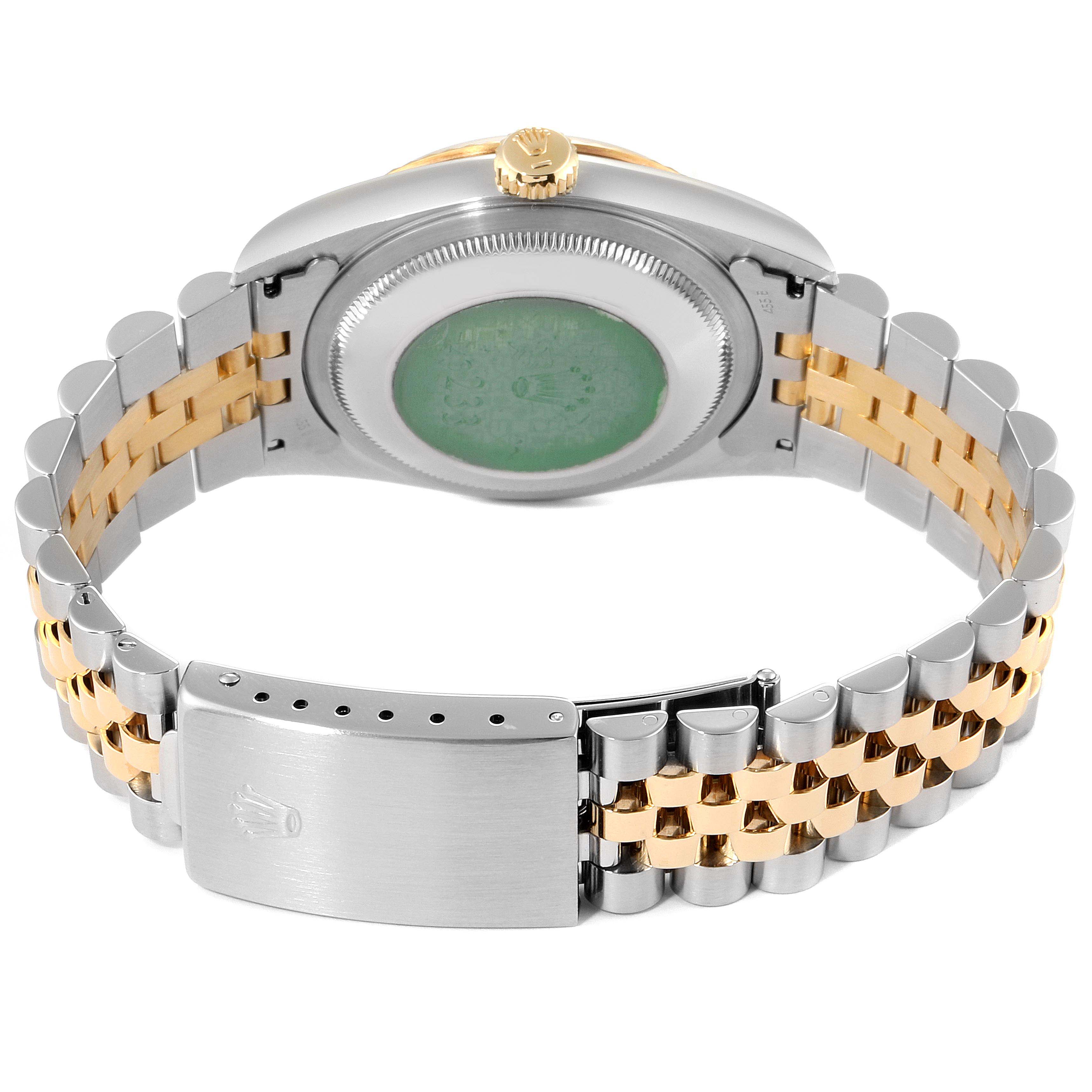 This image shows the back of a Rolex Datejust 16233G Men's Steel and Gold (two tone) Champagne Dial 16233G Men's Steel and Gold (two tone) Champagne Dial watch, highlighting the case back, crown, and two-tone bracelet with the clasp.