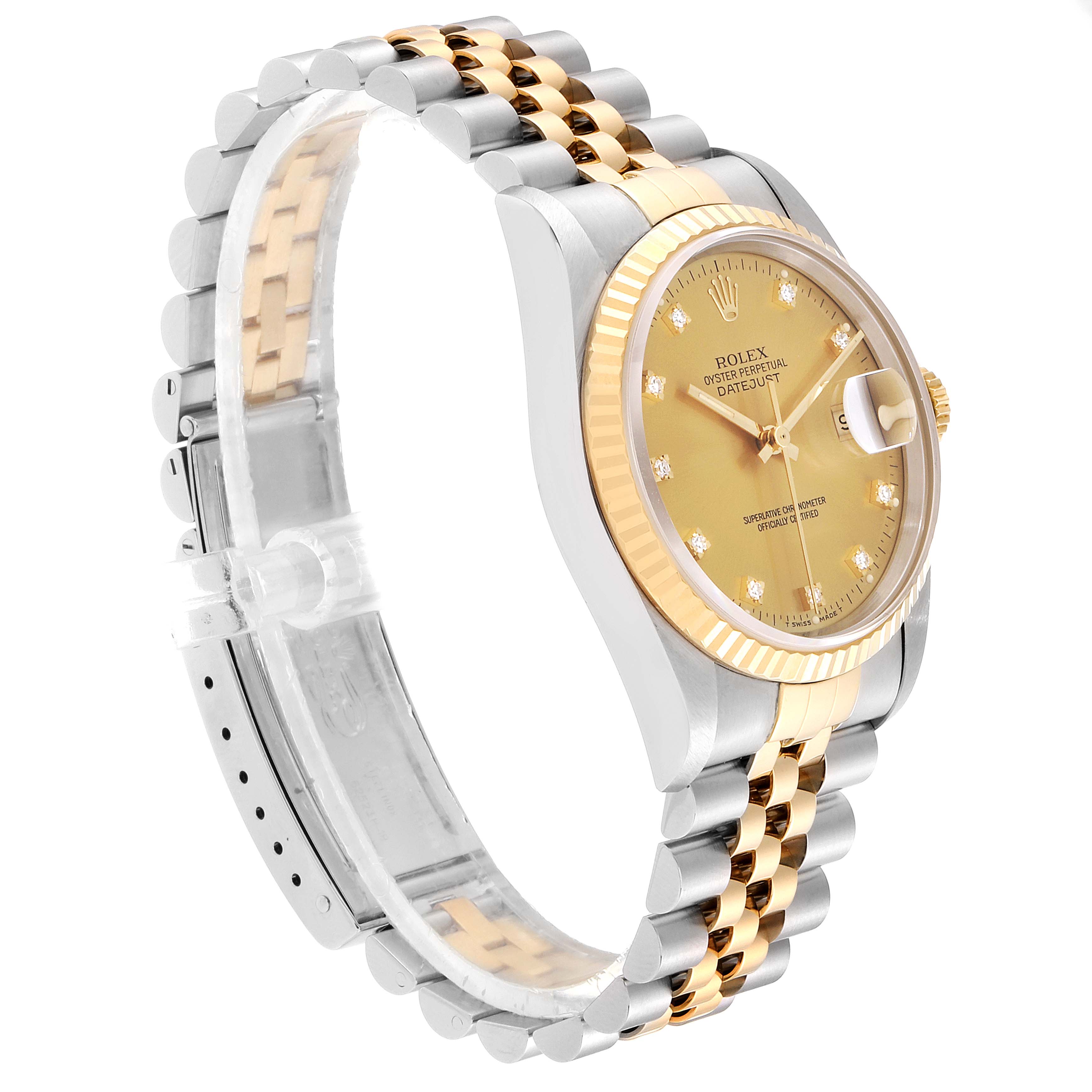 The image shows a side angle of a Rolex Datejust 16233G Men's Steel and Gold (two tone) Champagne Dial 16233G Men's Steel and Gold (two tone) Champagne Dial watch, highlighting the dial, bezel, and two-tone bracelet.