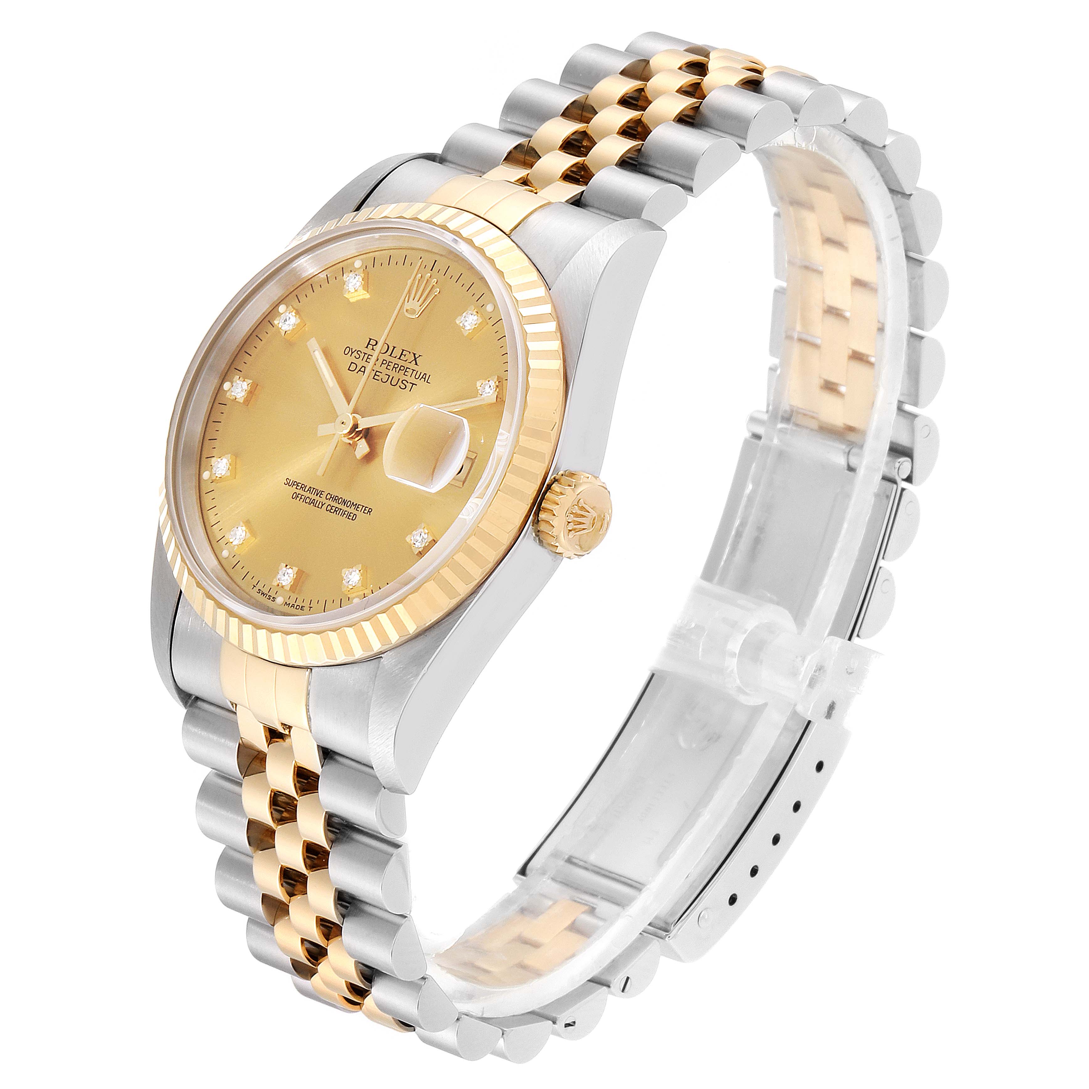 This Rolex Datejust 16233G Men's Steel and Gold (two tone) Champagne Dial 16233G Men's Steel and Gold (two tone) Champagne Dial watch is shown at a slight angle displaying the face, case, crown, and two-tone bracelet.
