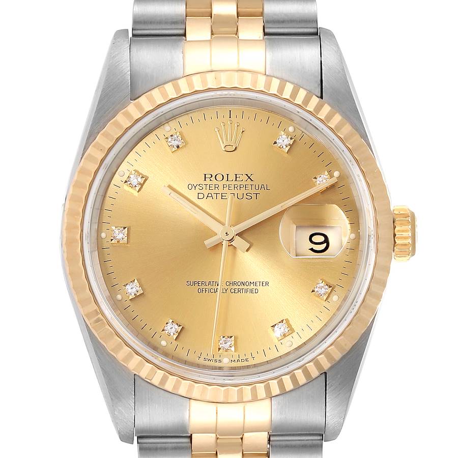 Rolex Datejust Steel 18K Yellow Gold Diamond Dial Mens Watch 16233 Box Card SwissWatchExpo