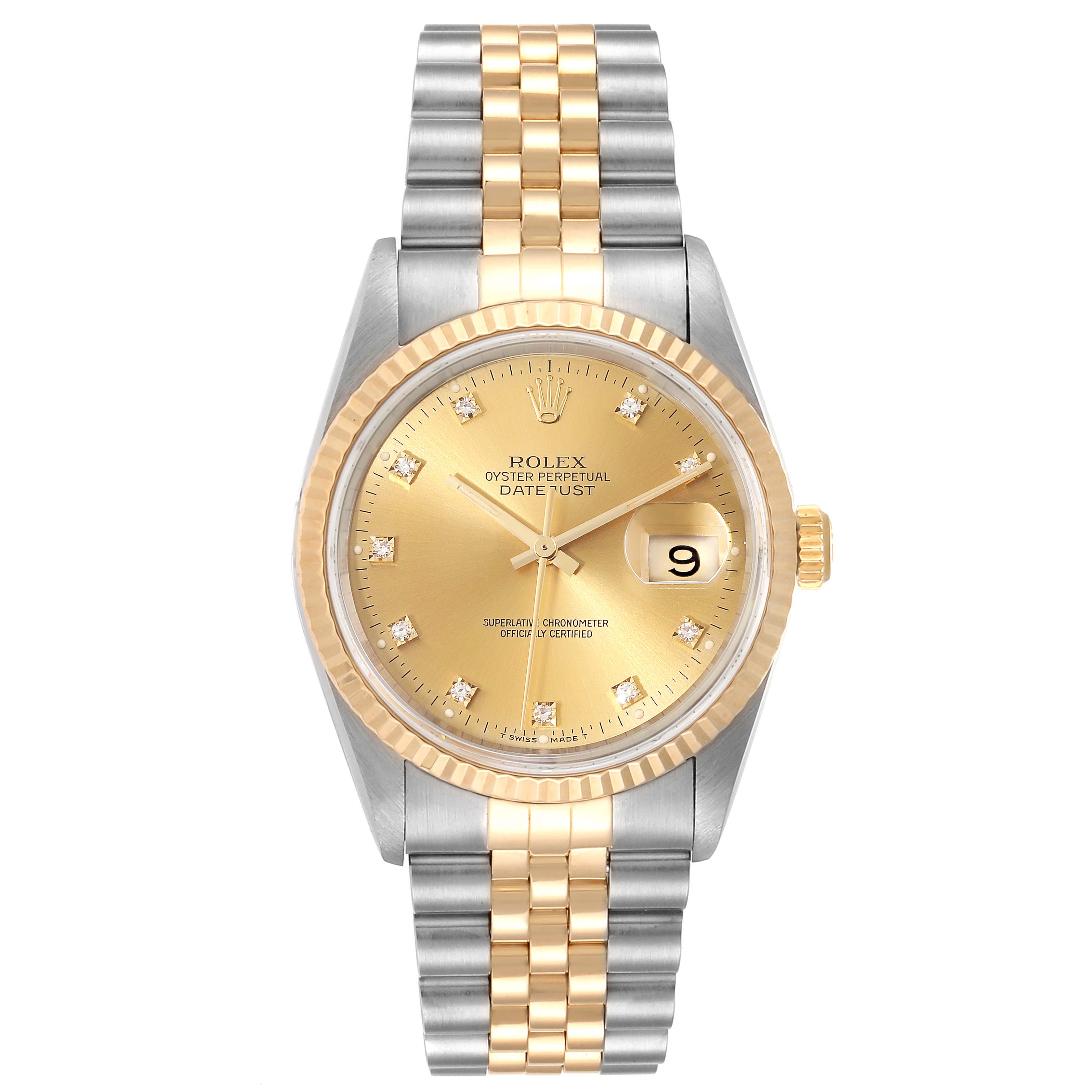 This is a front view of a Rolex Datejust 16233G Men's Steel and Gold (two tone) Champagne Dial 16233G Men's Steel and Gold (two tone) Champagne Dial model, showing the dial, bezel, crown, and two-tone bracelet.