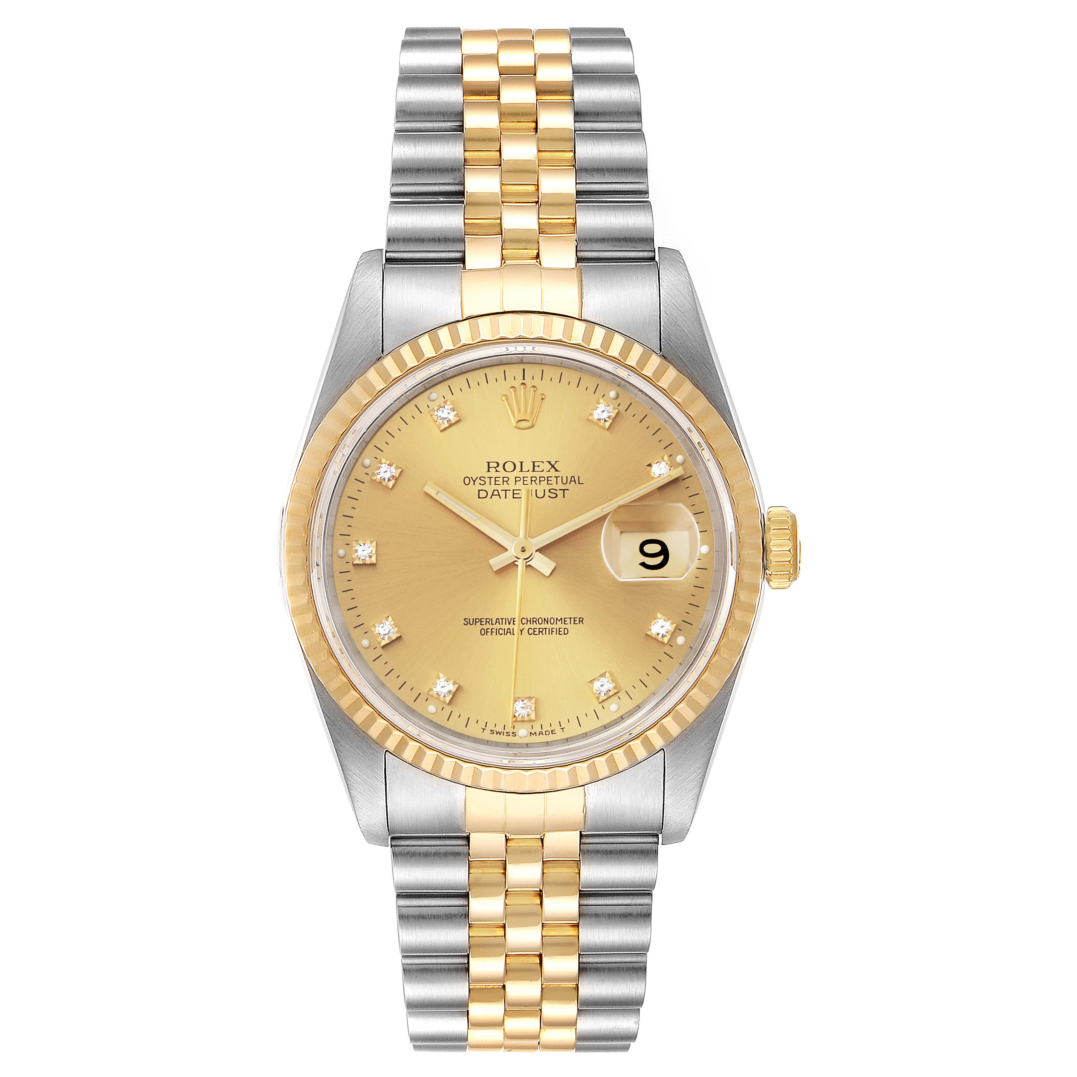 The image shows a front view of a Rolex Datejust 16233 Men
s Steel and Gold (two tone) Champagne Dial 16233 Men
s Steel and Gold (two tone) Champagne Dial watch displaying its two-tone bracelet, gold dial, and date feature with a magnifier.