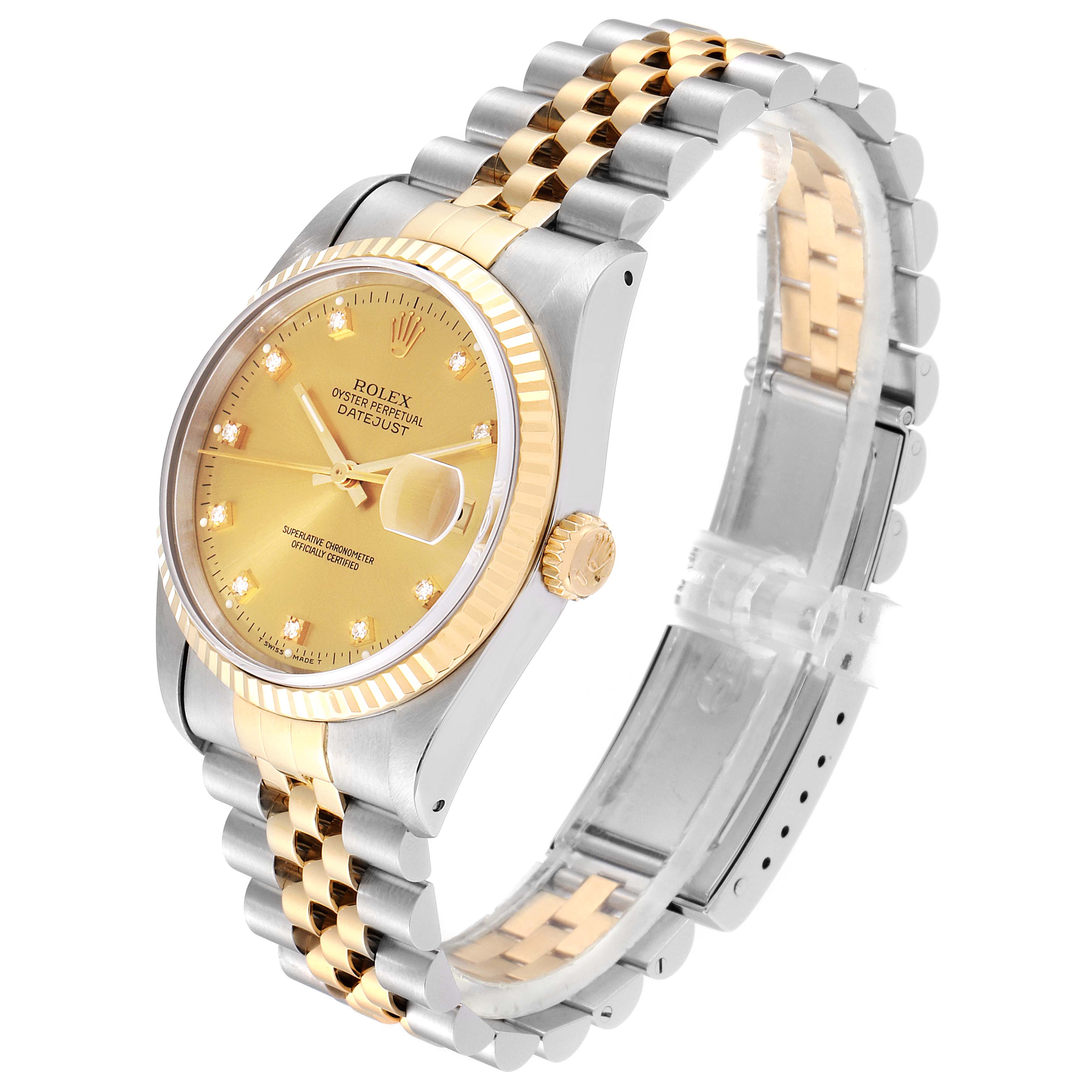 The image shows a Rolex Datejust 16233 Men
s Steel and Gold (two tone) Champagne Dial 16233 Men
s Steel and Gold (two tone) Champagne Dial watch from an angled side view, highlighting its two-tone band, fluted bezel, and champagne dial.