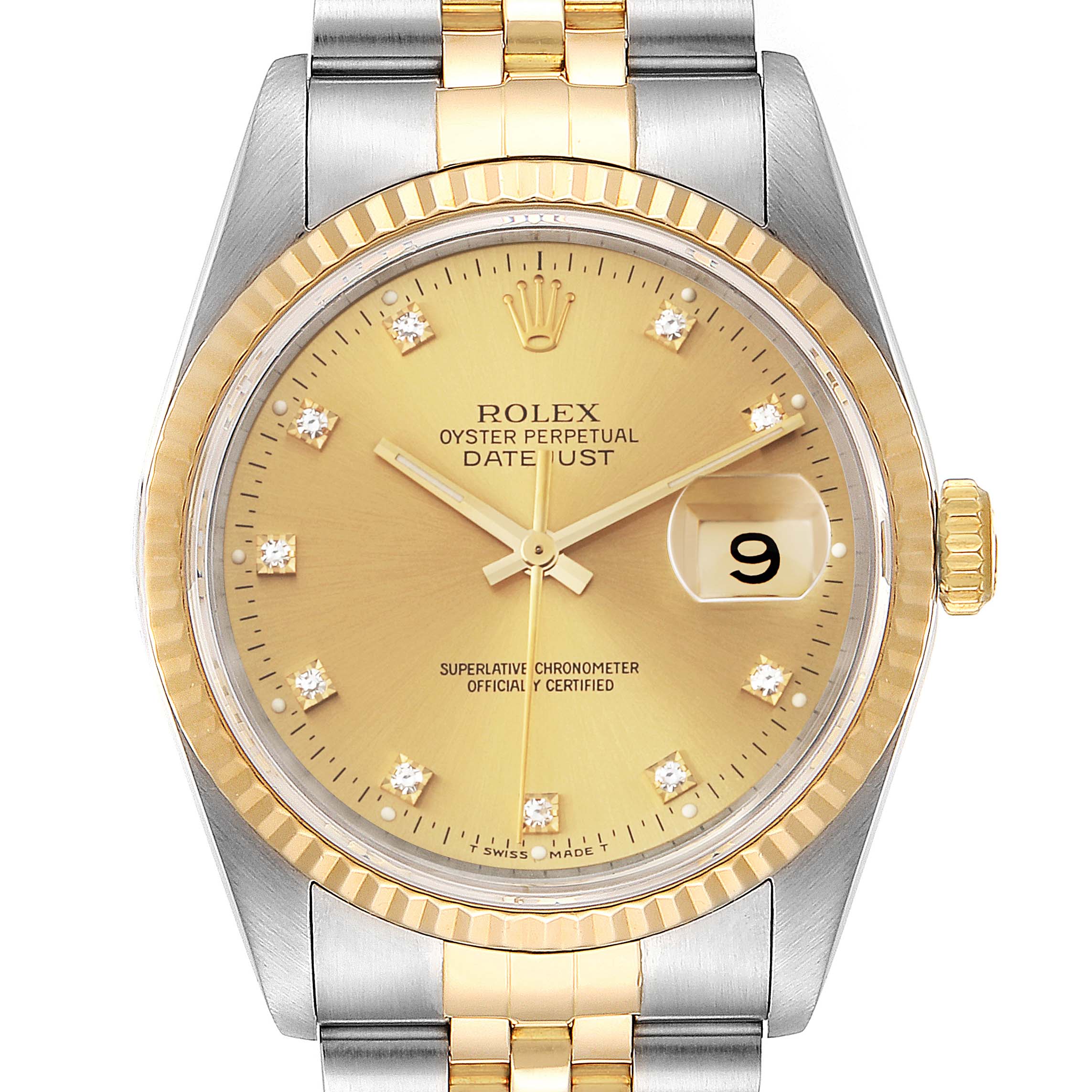 This image shows a front view of the Rolex Datejust 16233 Men
s Steel and Gold (two tone) Champagne Dial 16233 Men
s Steel and Gold (two tone) Champagne Dial watch, highlighting the dial, bezel, and part of the bracelet.