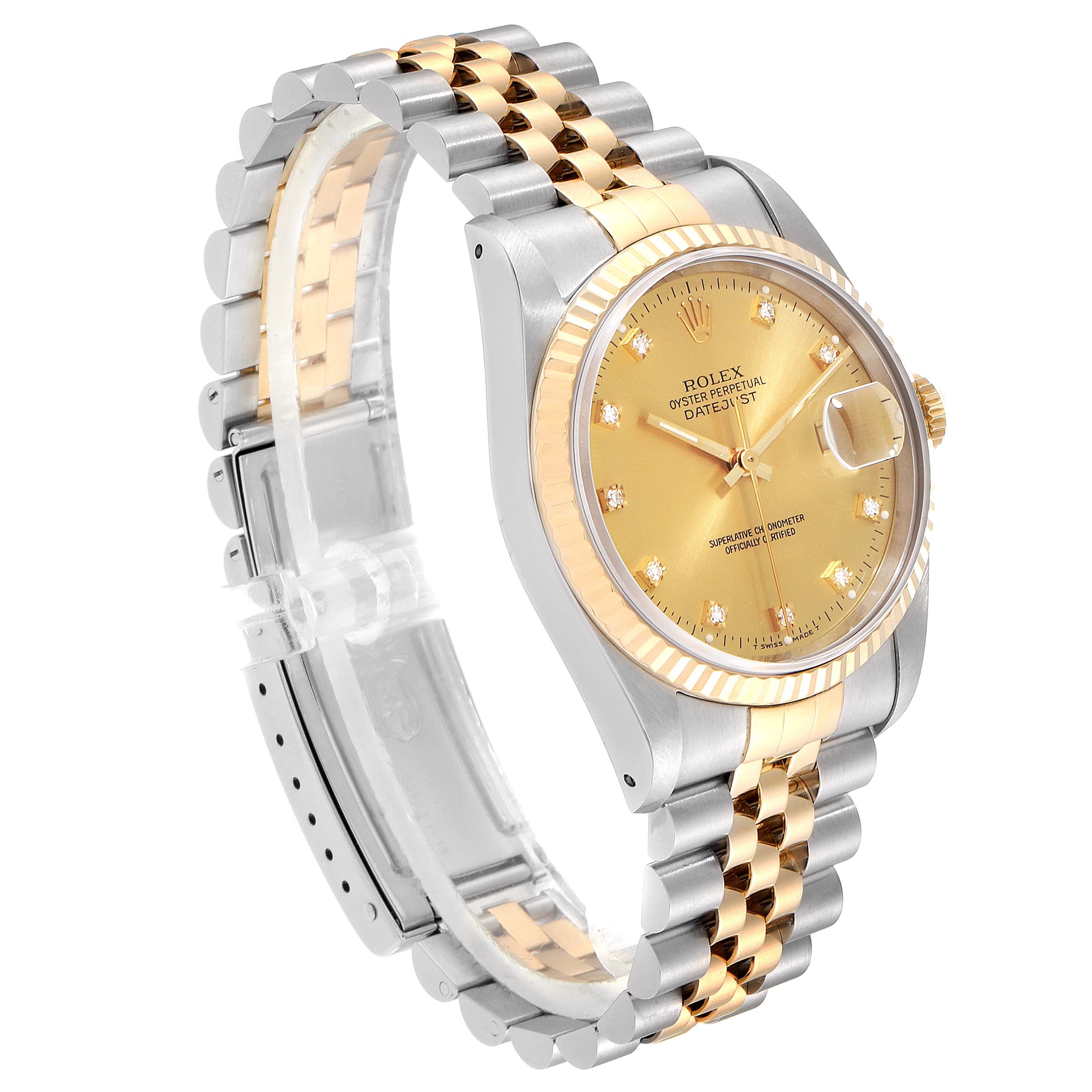 This image shows the Rolex Datejust 16233 Men
s Steel and Gold (two tone) Champagne Dial 16233 Men
s Steel and Gold (two tone) Champagne Dial watch at a three-quarter angle highlighting its bracelet, dial, and side case.