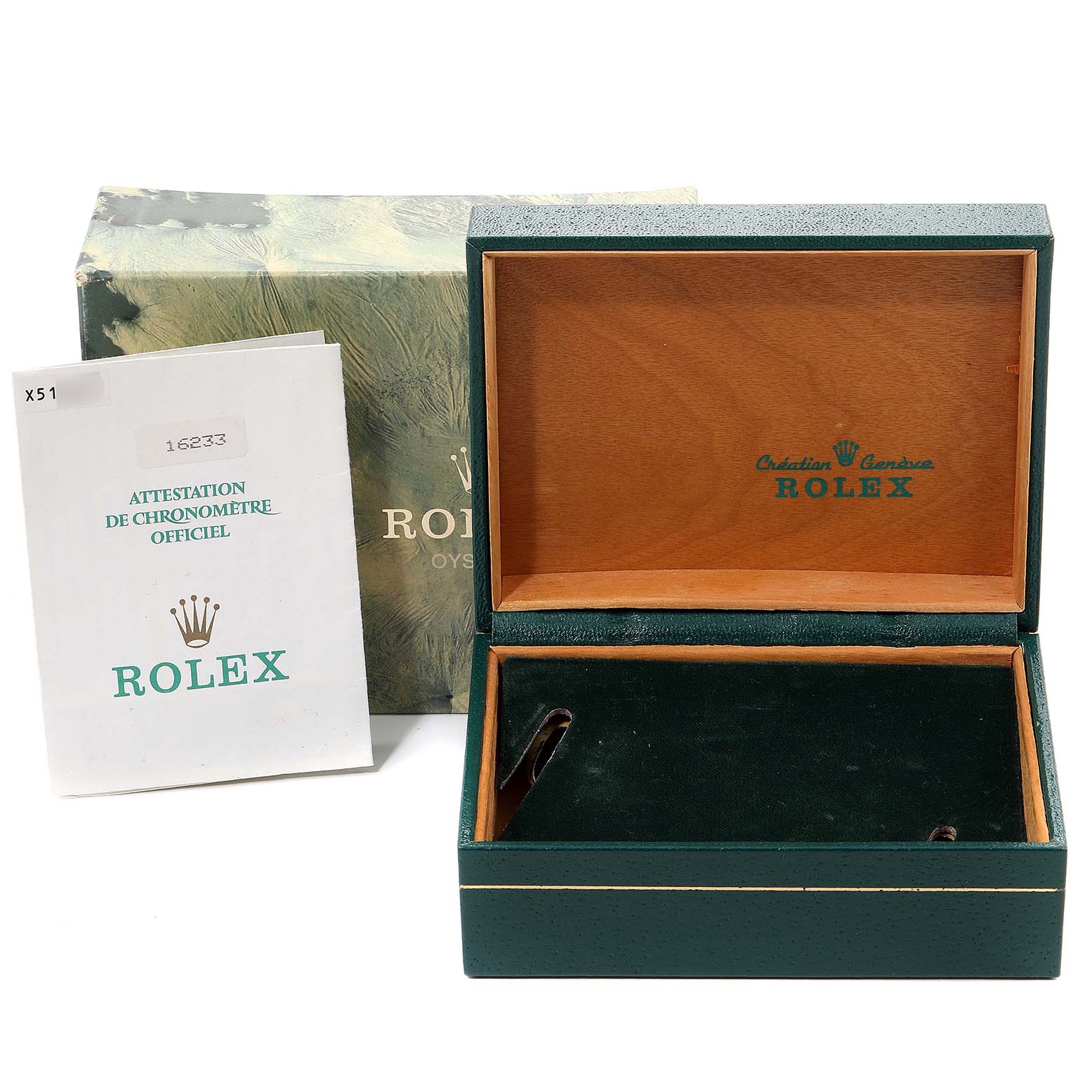 The image shows a Rolex Datejust 16233 Men
s Steel and Gold (two tone) Champagne Dial 16233 Men
s Steel and Gold (two tone) Champagne Dial model
s empty watch box, outer box, and certificate booklet from a front angle.