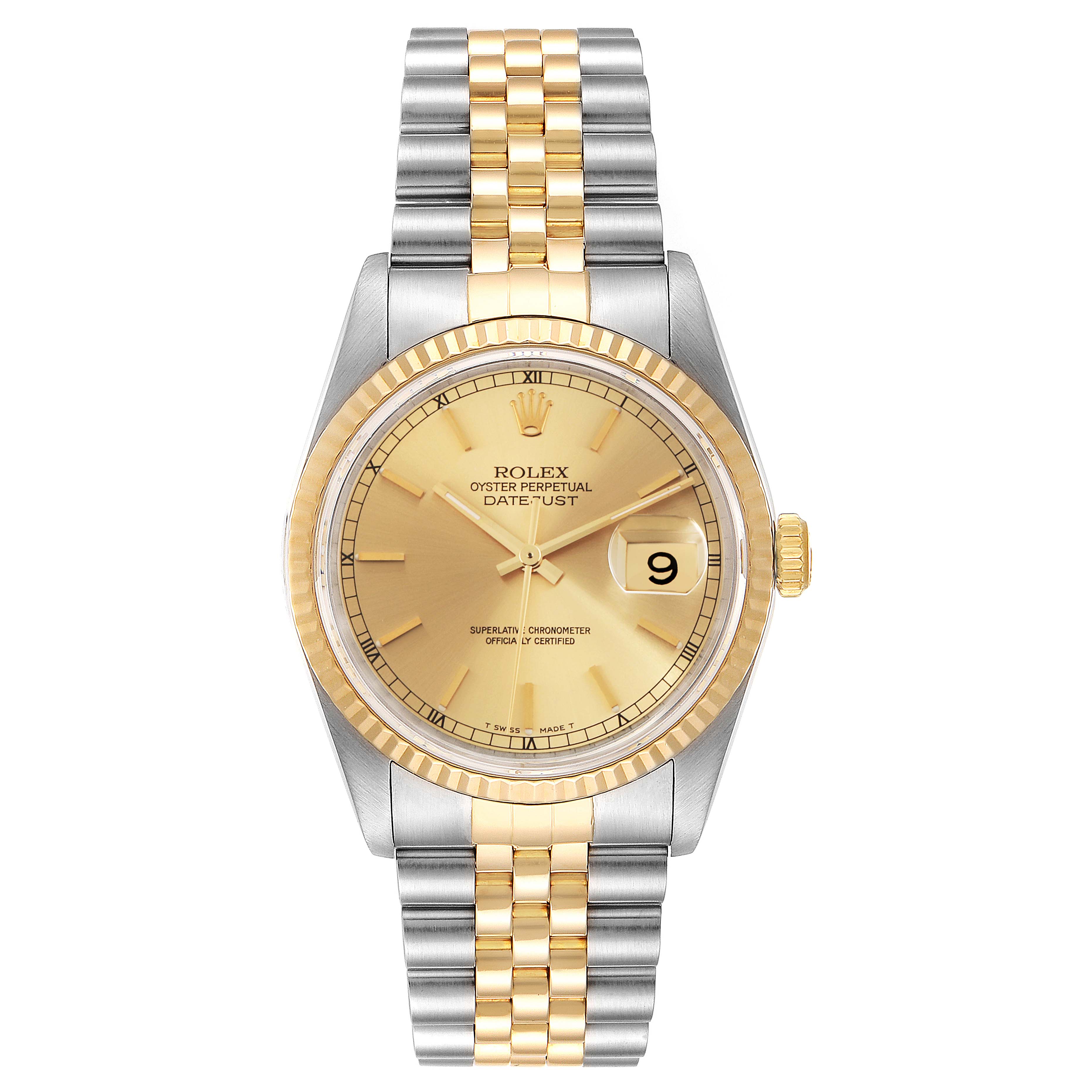 This image shows a Rolex Datejust 16233 Men
s Steel and Gold (two tone) Champagne Dial 16233 Men
s Steel and Gold (two tone) Champagne Dial watch from a front angle, displaying the dial, bezel, case, and bracelet.