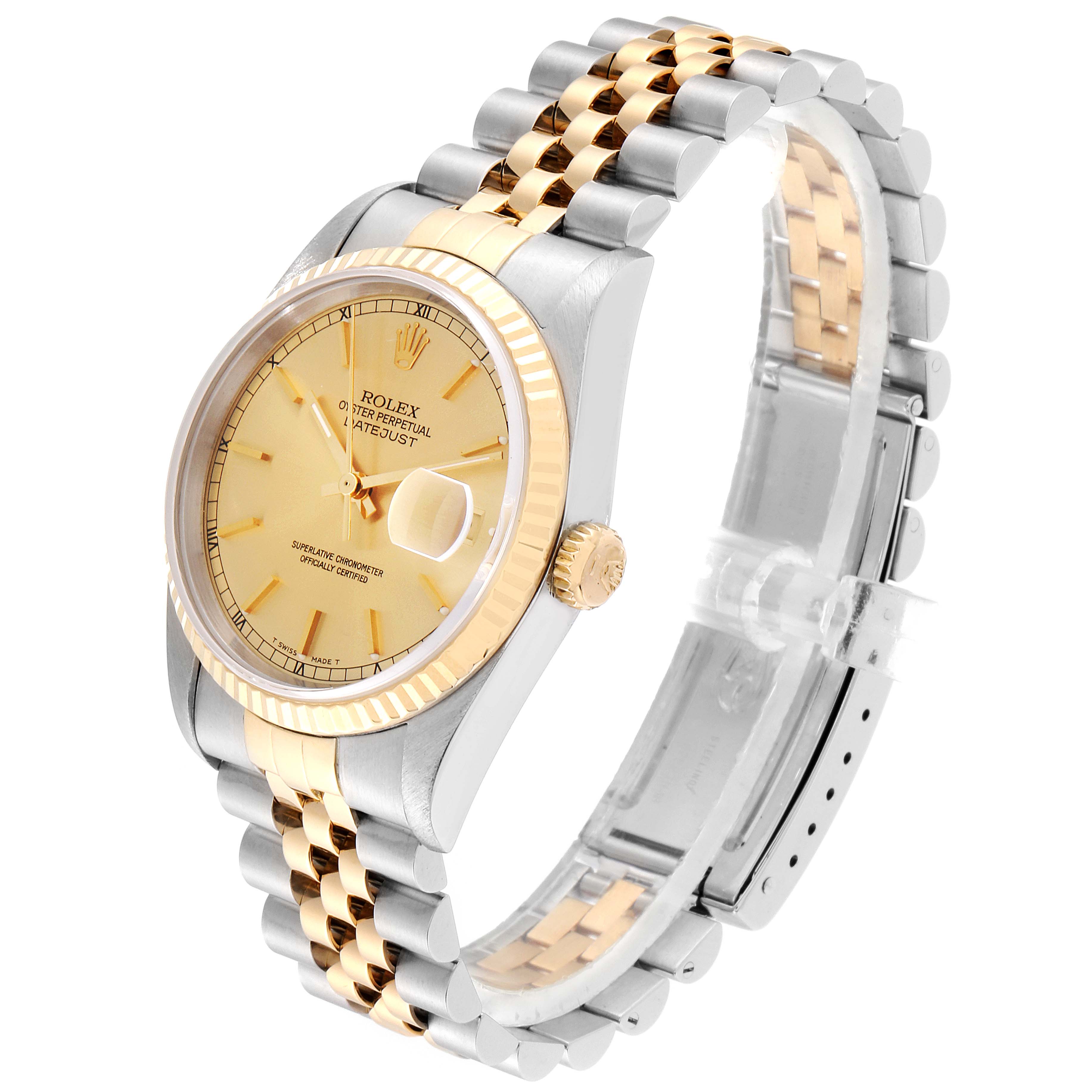 The Rolex Datejust 16233 Men
s Steel and Gold (two tone) Champagne Dial 16233 Men
s Steel and Gold (two tone) Champagne Dial watch is shown at an angle, highlighting its gold dial, fluted bezel, two-tone bracelet, and cyclops date.